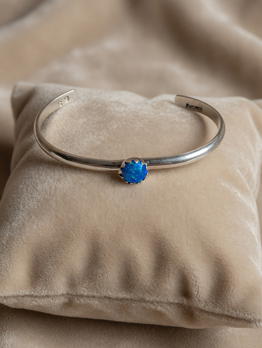 Handcrafted Sterling Silver Fiery Blue Opal Kid's Cuff Bracelet