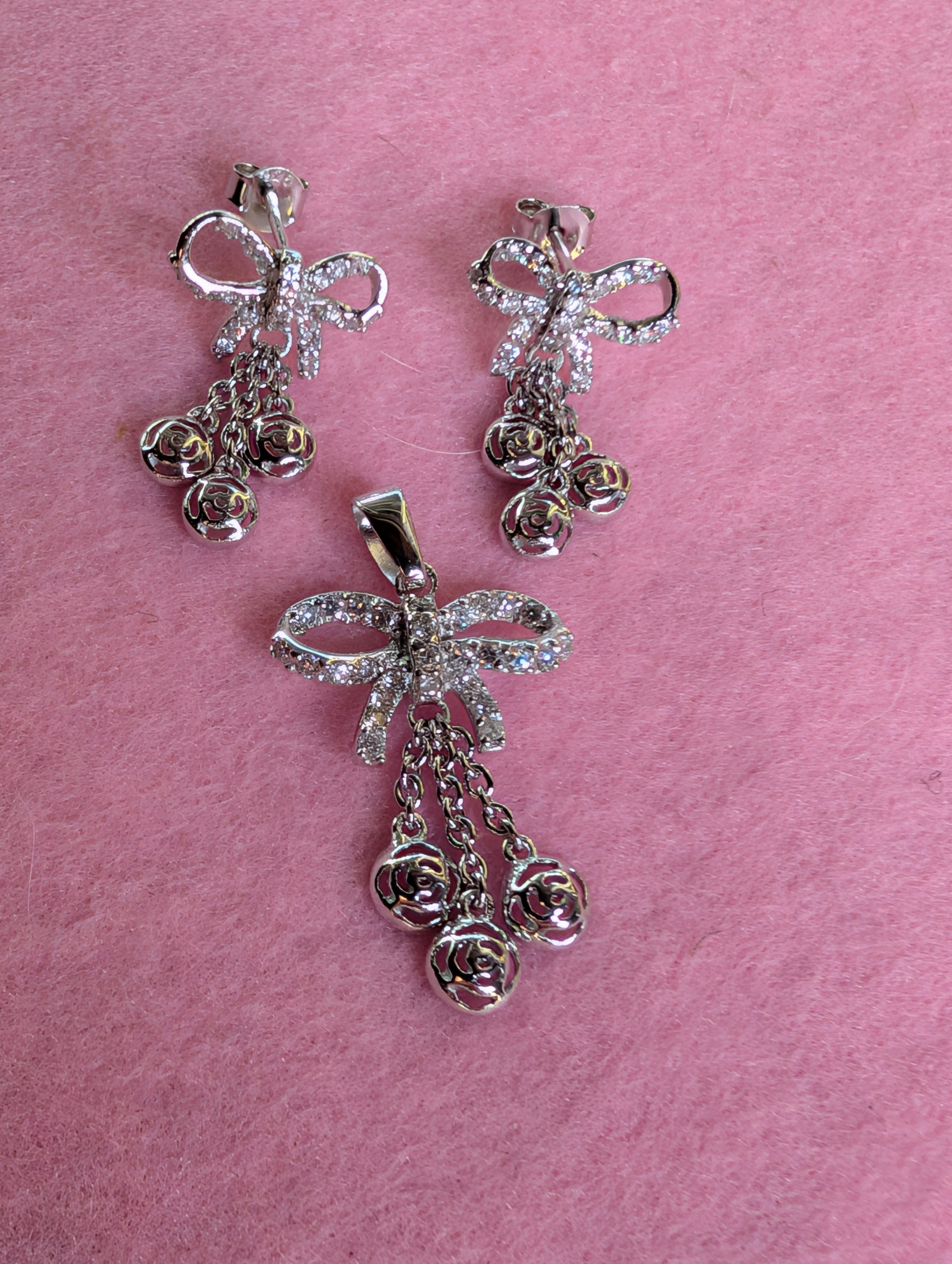 Sterling Silver CZ Sparkling Bow & Dangling Rose Charms Earrings & Pendant Jewelry Set