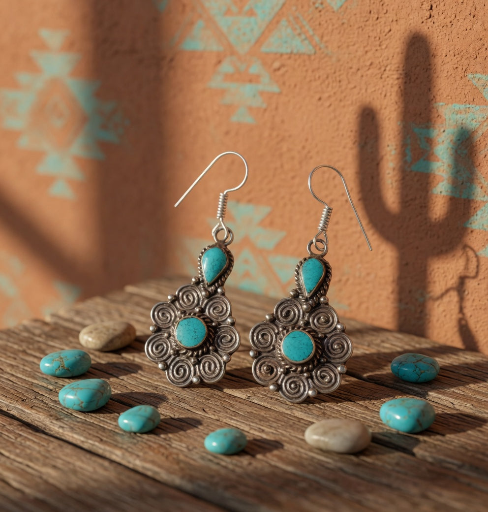 Turquoise Two-Stone Filigree Dangle Earrings