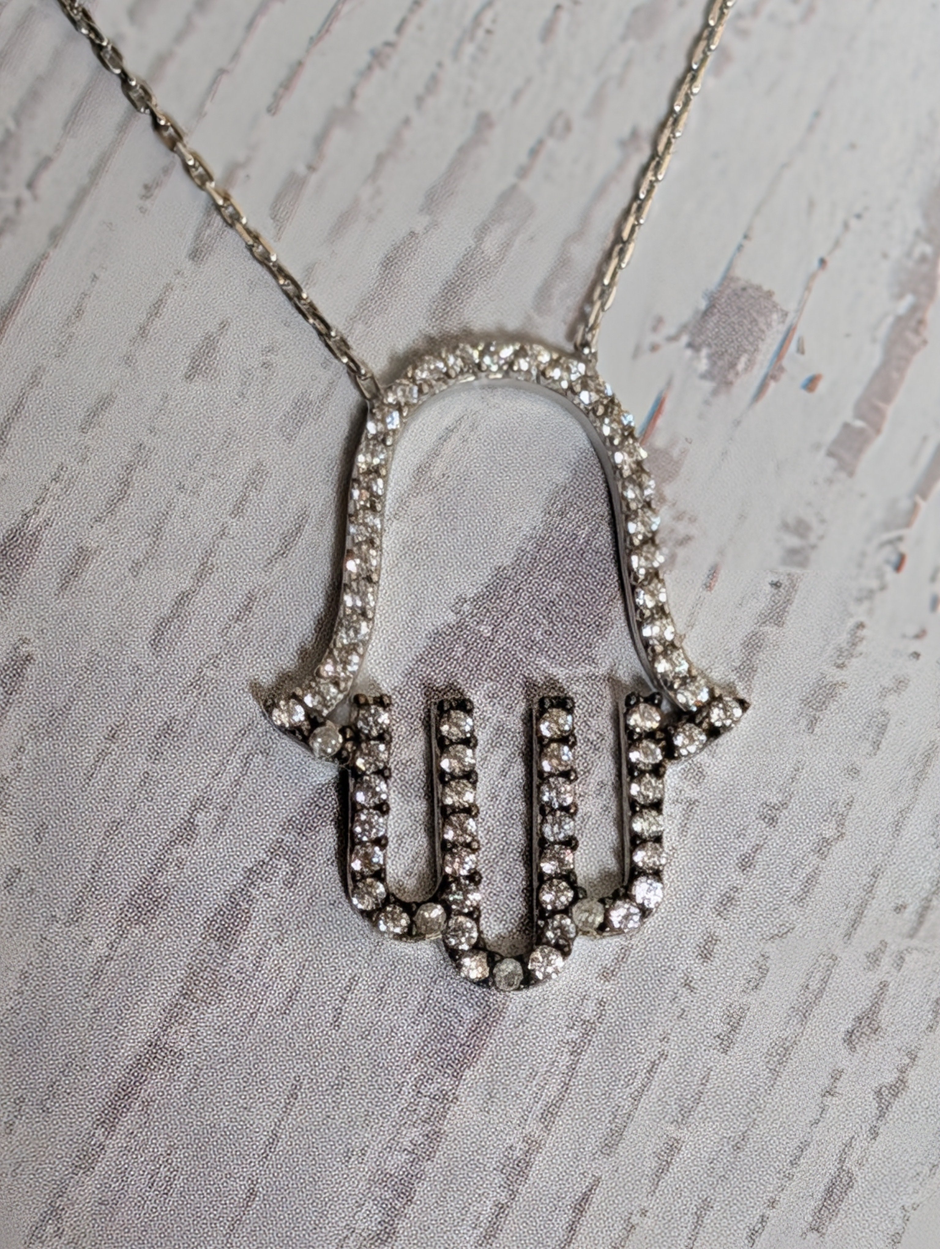 CZ Hamsa Hand Outline Medium Sized Pendant On Sterling Silver Necklace