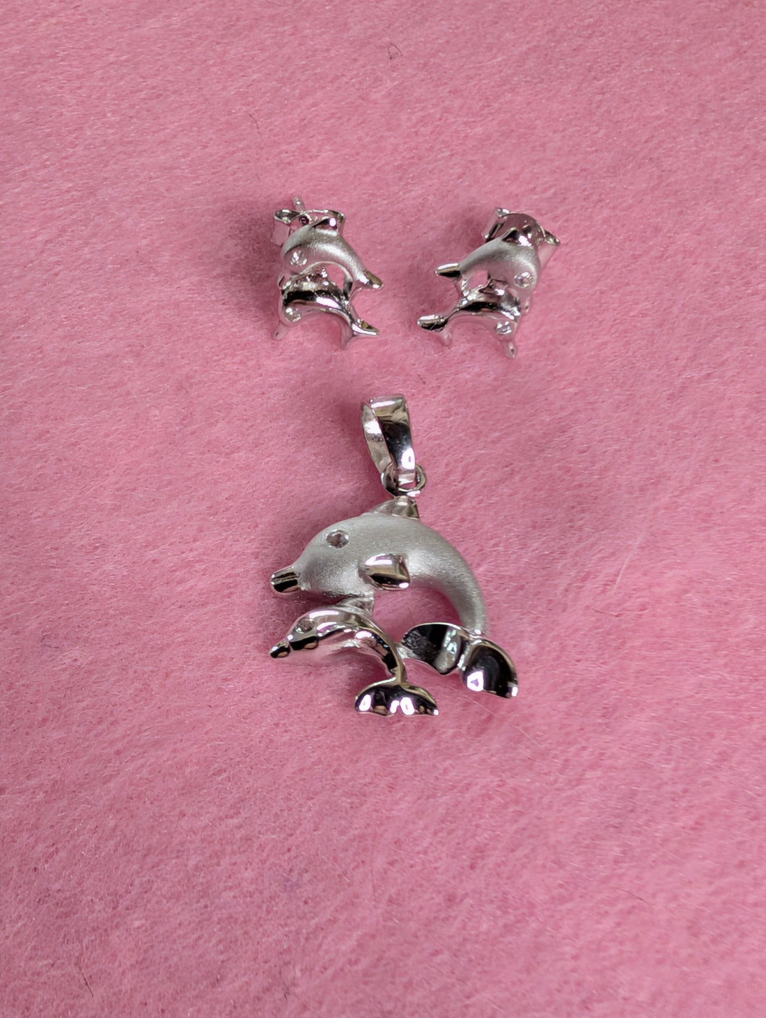 Sterling Silver CZ Double Dolphin Earrings & Pendant Jewelry Set