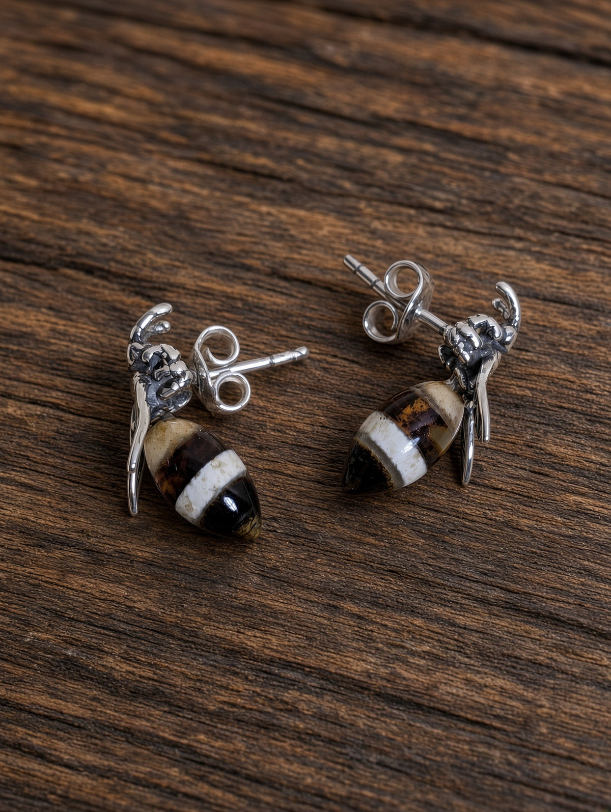 Handmade Bee Honey Cognac Cabochons & Sterling Silver Stud Earrings Variant A02