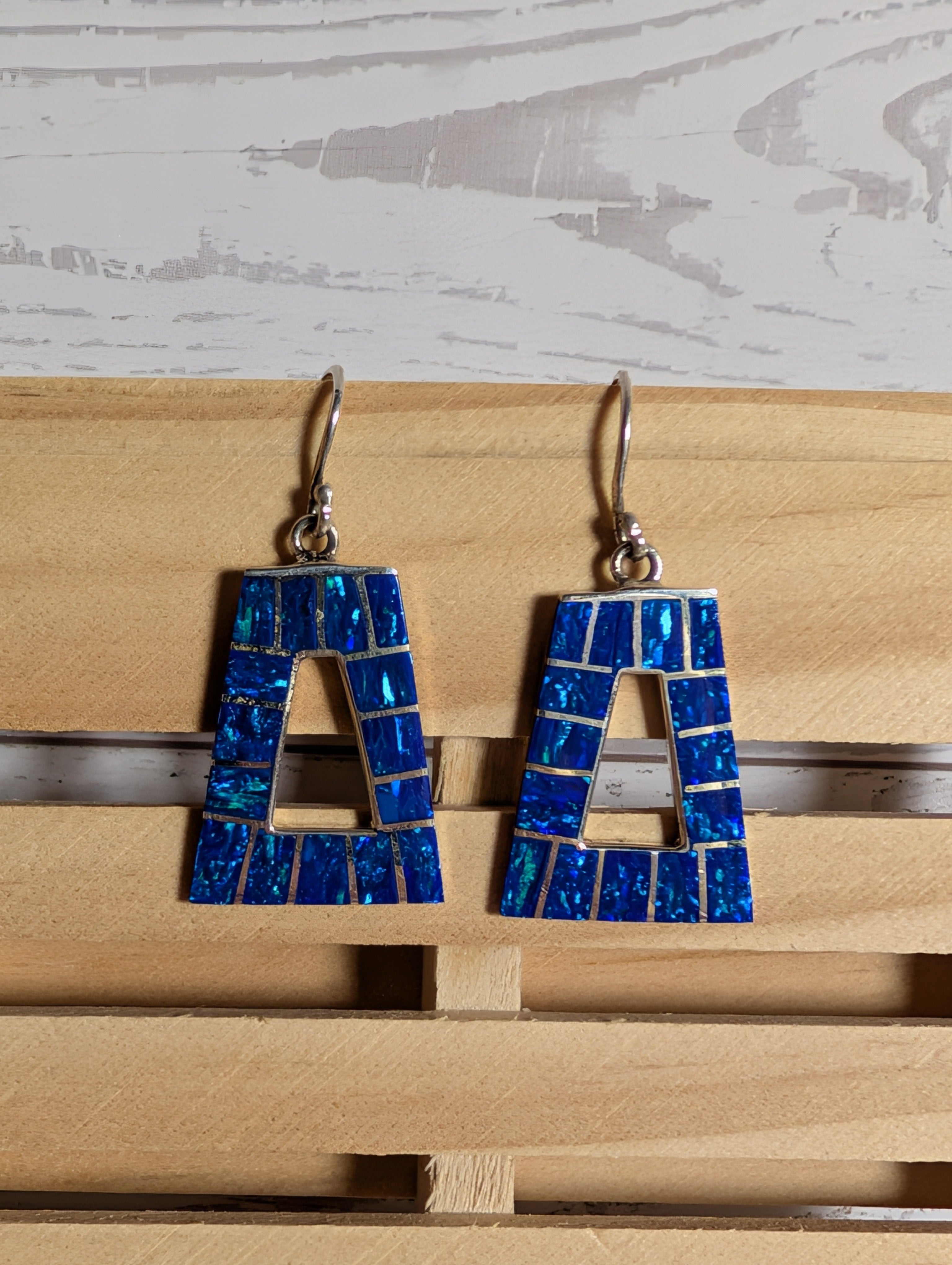 Mosaic Blue Fire Opal Inlay Trapezoid Shaped Geometric Sterling Silver Dangle Earrings