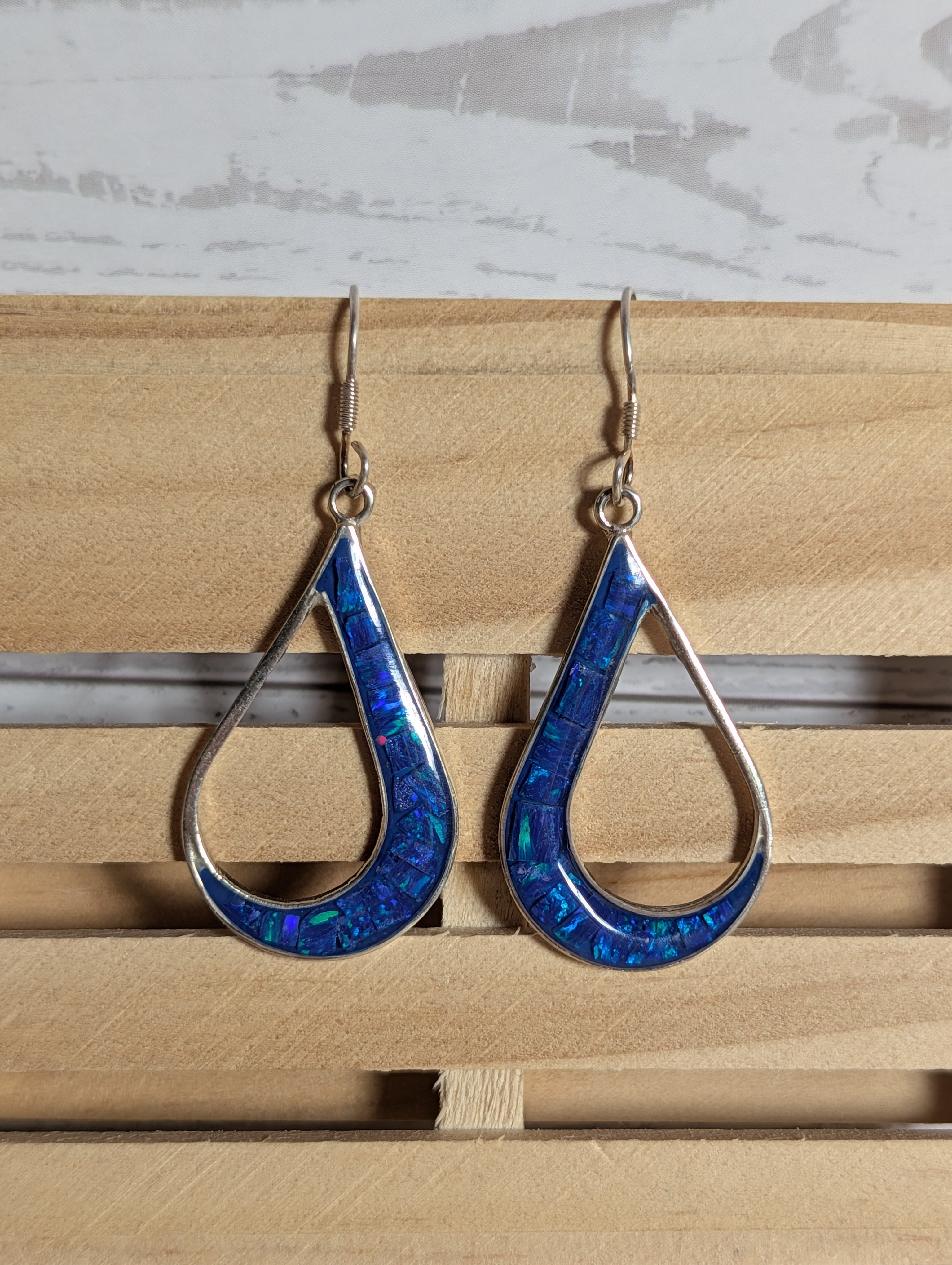 Mosaic Blue Fire Opal Inlay Tear Drop Shaped Sterling Silver Dangle Earrings