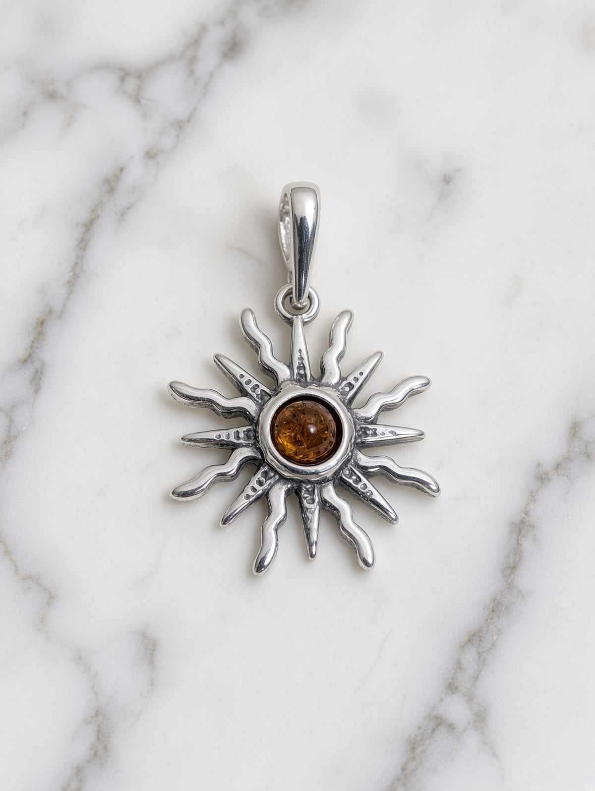 Handmade Sunburst Honey Cognac Cabochon & Sterling Silver Pendant