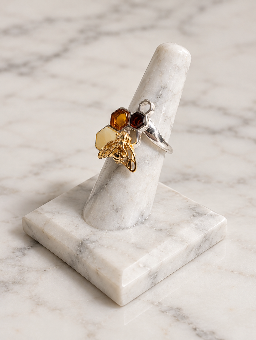 Handmade Bee Honeycomb Honey Cognac Cabochons & Sterling Silver Adjustable Ring