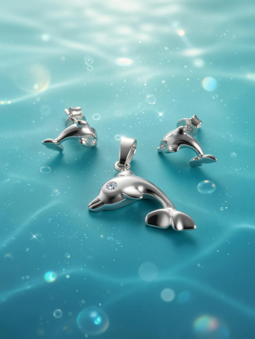 Sterling Silver Dolphin Earrings & Pendant Jewelry Set