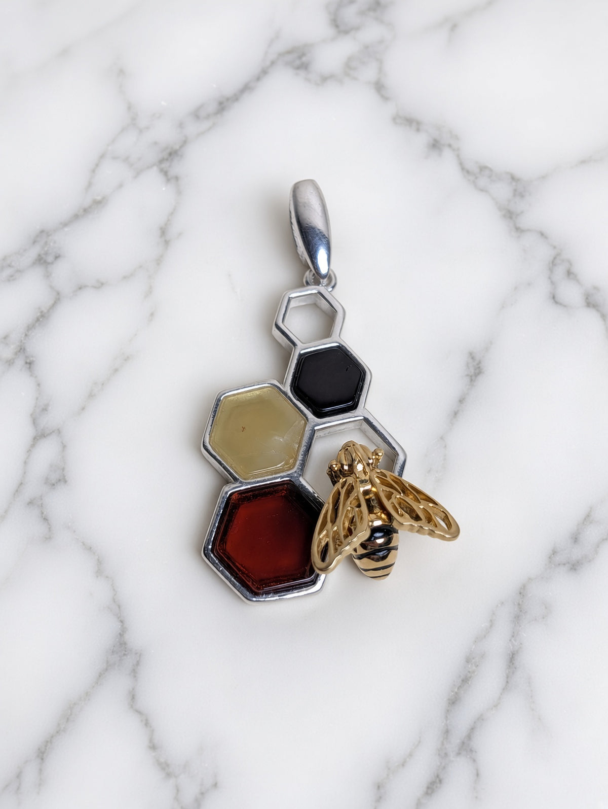 Handmade Bee Honeycomb Honey Cognac Cabochons & Sterling Silver Pendant