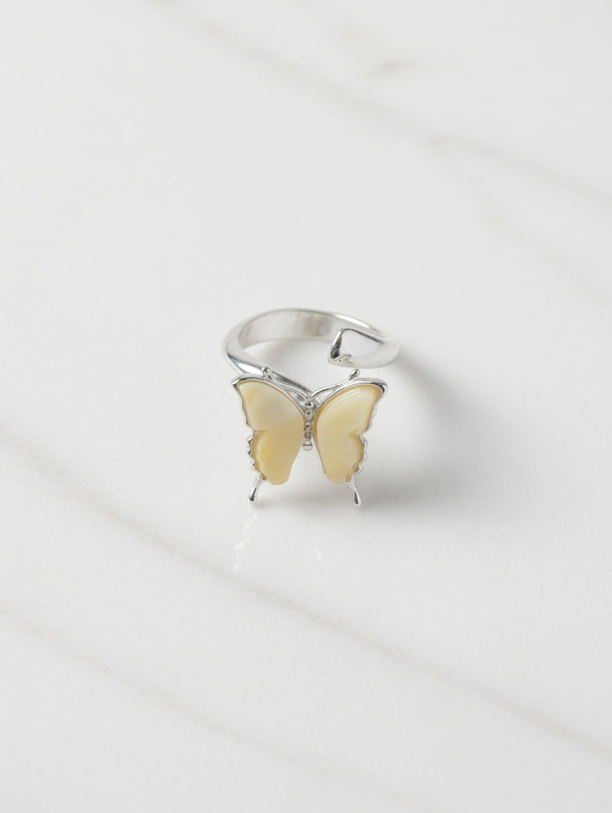 Yellow Amber Handmade Sterling Silver Butterfly Adjustable Ring