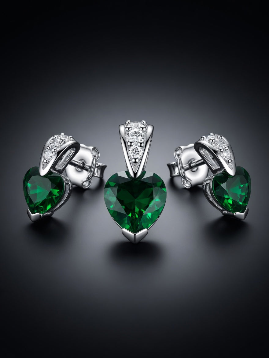 Sterling Silver CZ Green Heart Shape GemStone Earrings & Pendant Jewelry Set