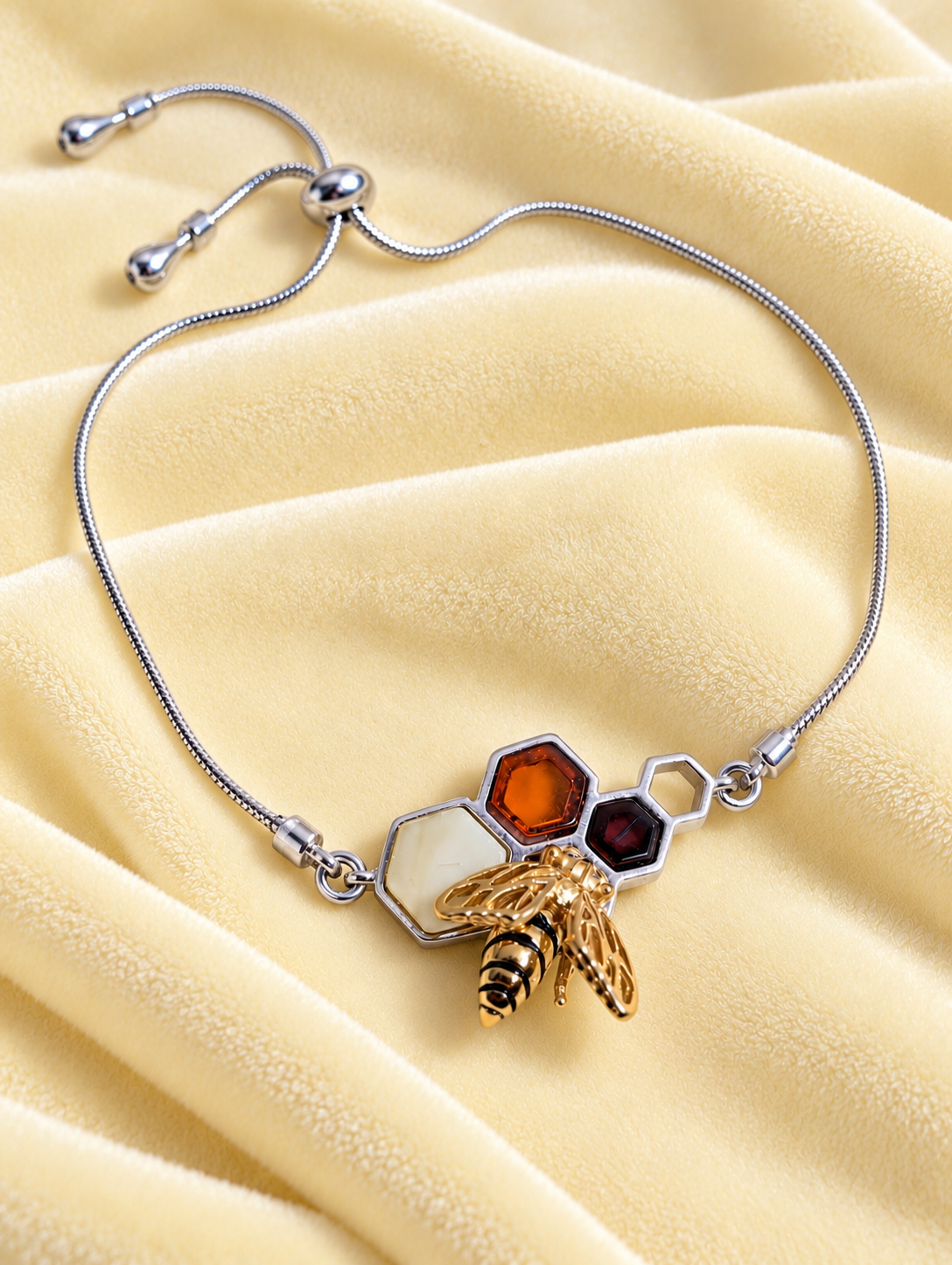 Handmade Bee Honeycomb Honey Cognac Cabochons & Sterling Silver Adjustable Stretch Bracelet