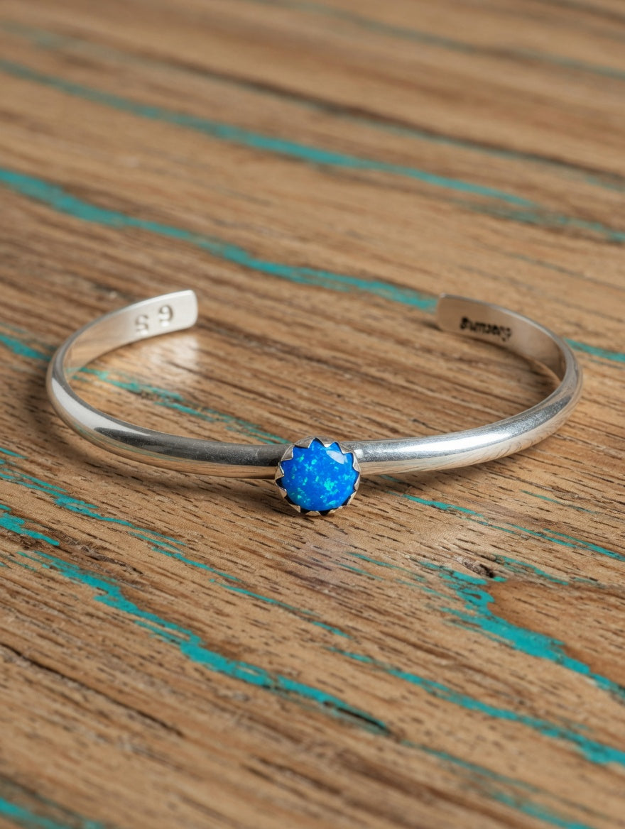 Handcrafted Sterling Silver Fiery Blue Opal Kid's Cuff Bracelet