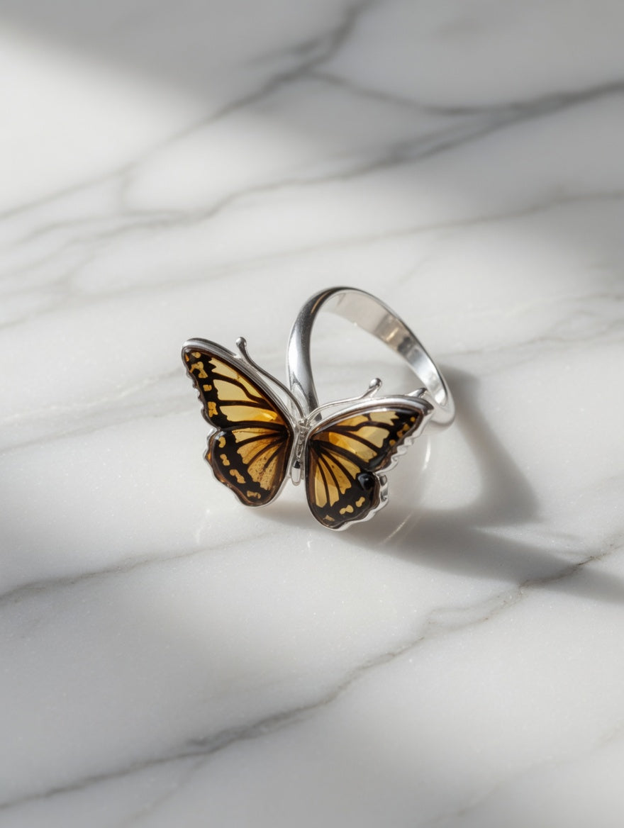 Sterling Silver Handmade Amber Large Butterfly Adjustable Ring