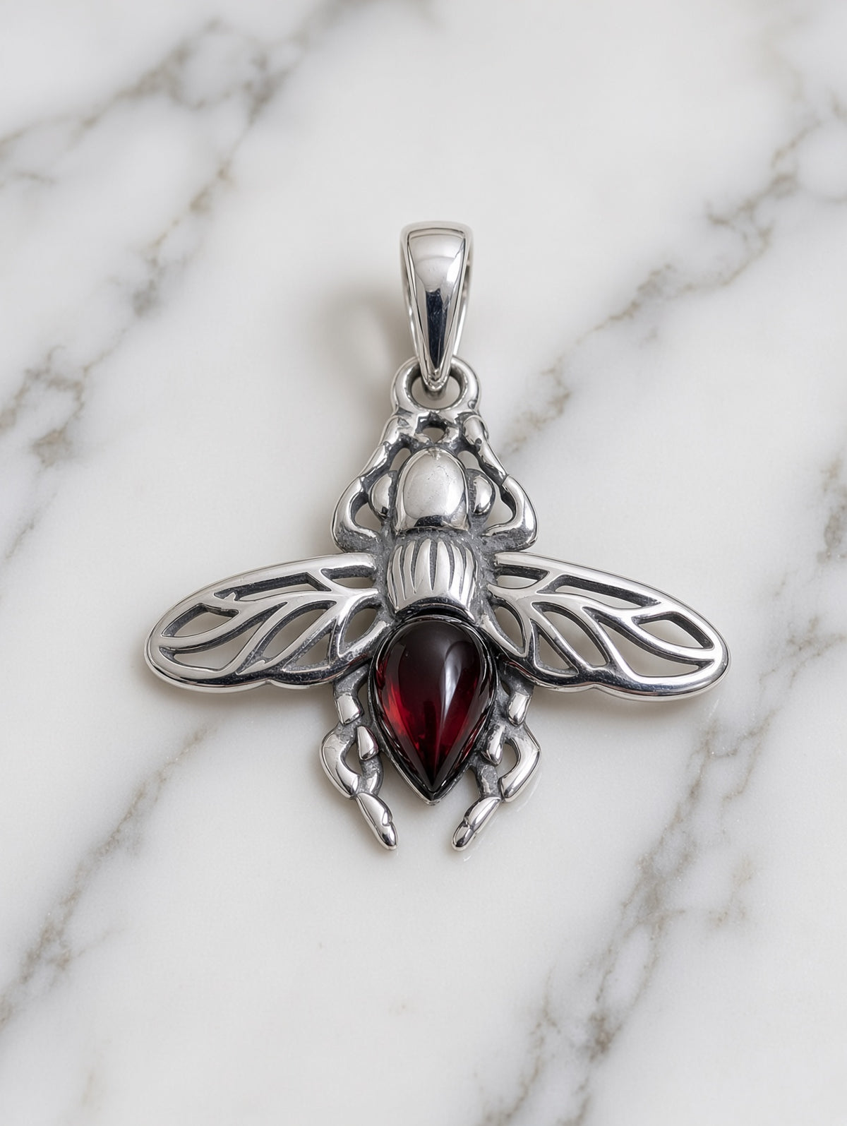 Handmade Bee Red Honey Cognac Cabochon & Sterling Silver Pendant