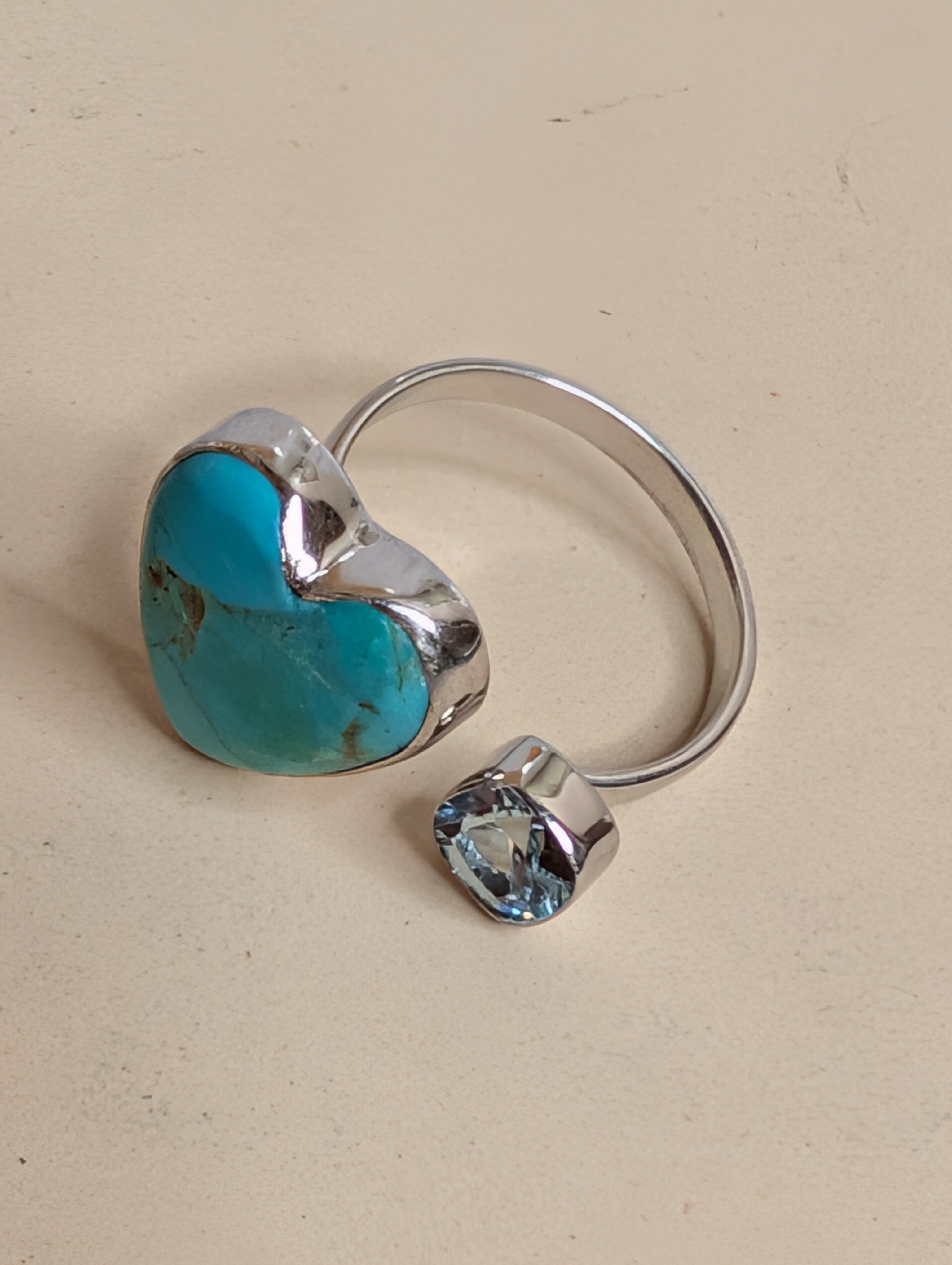 Kingman Turquoise Heart & Square Shaped Blue Topaz Sterling Silver Adjustable Ring