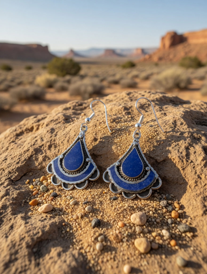 Southwestern Blue Lapis Fan Shaped Dangle Earrings