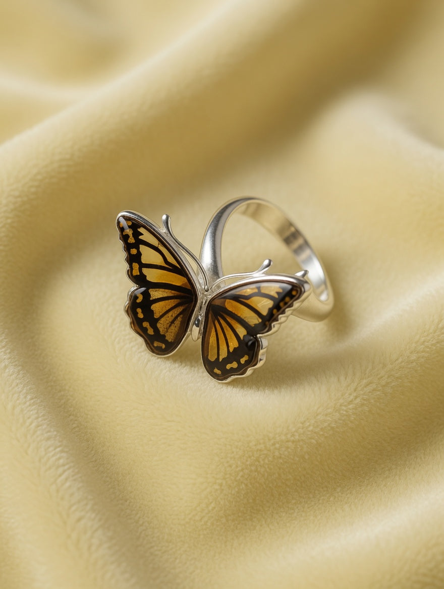 Sterling Silver Handmade Amber Large Butterfly Adjustable Ring