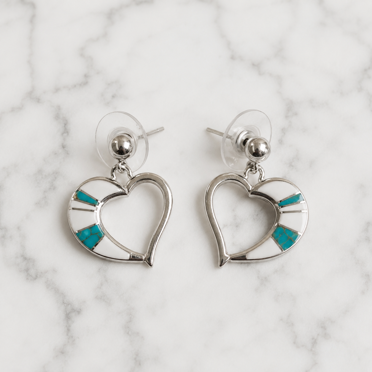 Handcrafted Sterling Silver MultiStone Turquoise White Buffalo Inlay Heart Shaped Earrings