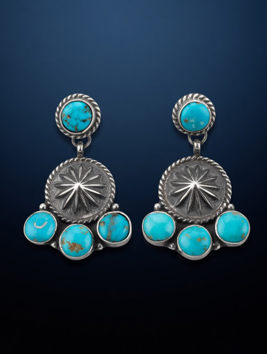 Southwestern Sunburst Turquoise Sterling Silver Dangle Earrings