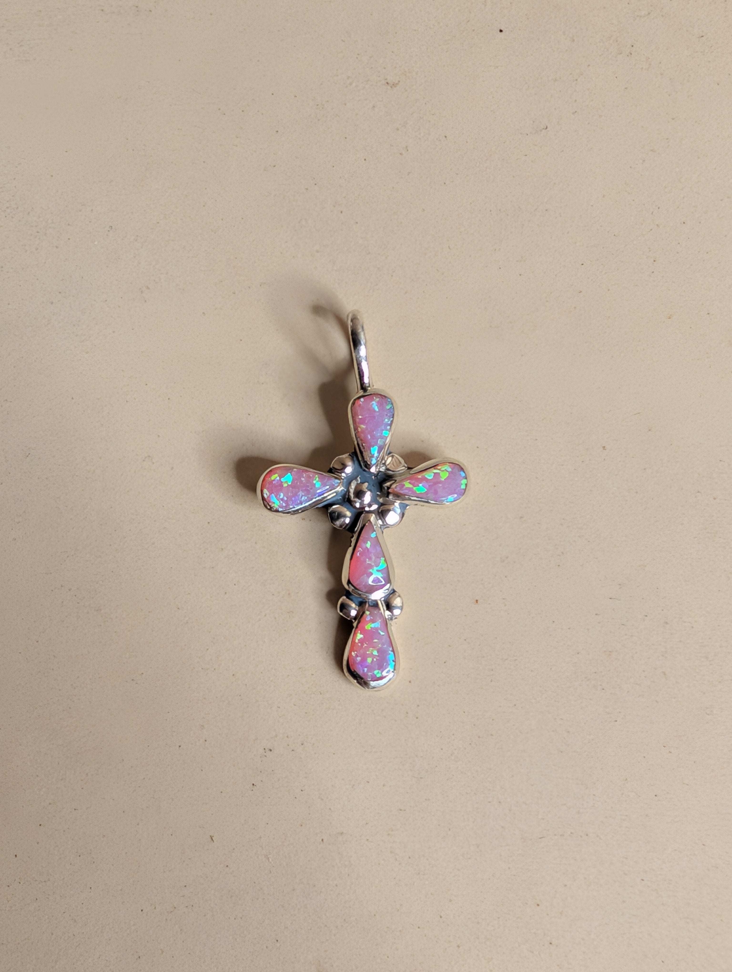 Handcrafted Pink Fire Opal Sterling Silver Cross Pendant