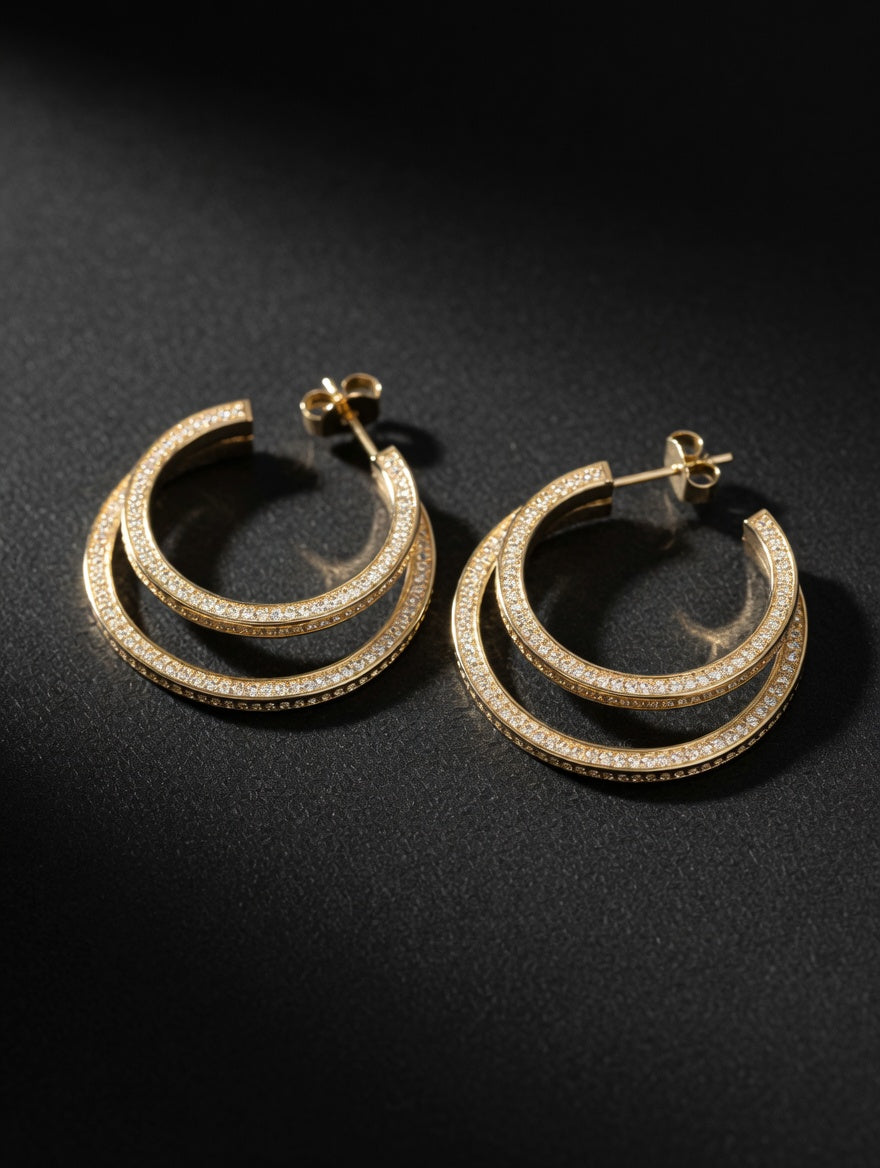 14k Gold CZ Double Hoop Earrings