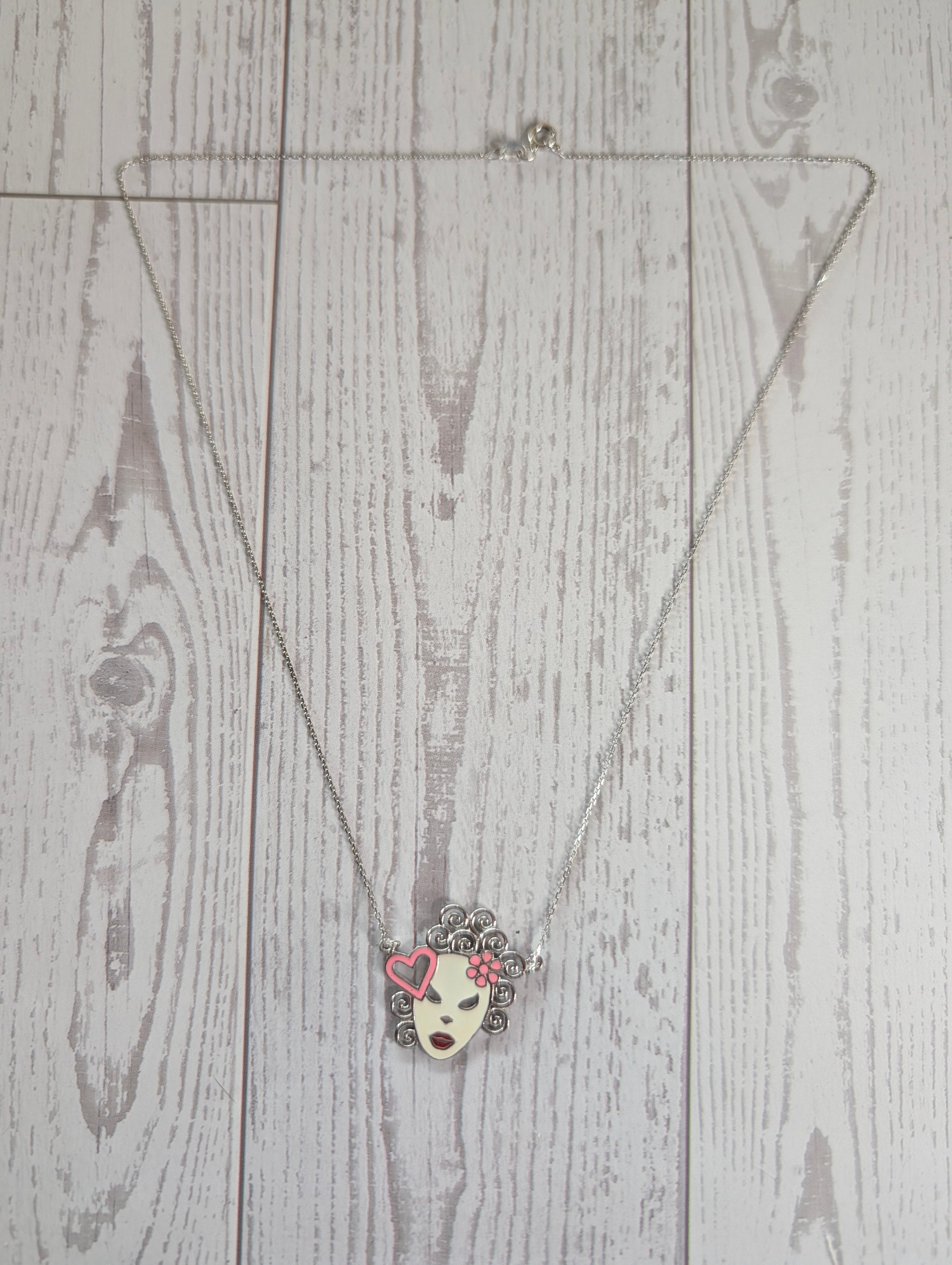 Sterling Silver Enamel Feminine Masquerade Mask With Pink Flowers & Heart