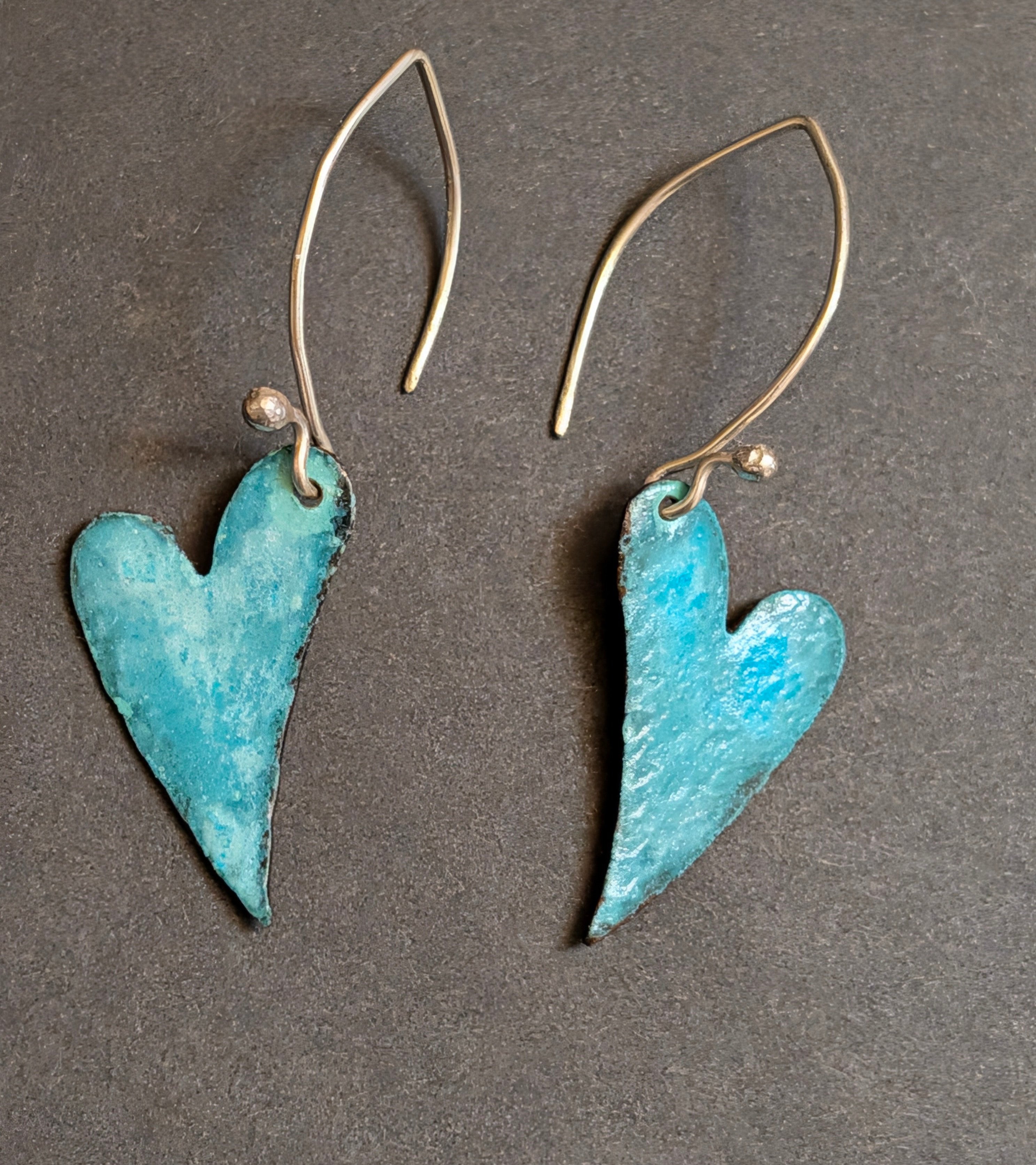 Sterling Oxidized Lacquer Copper & Turquoise Heart Earrings