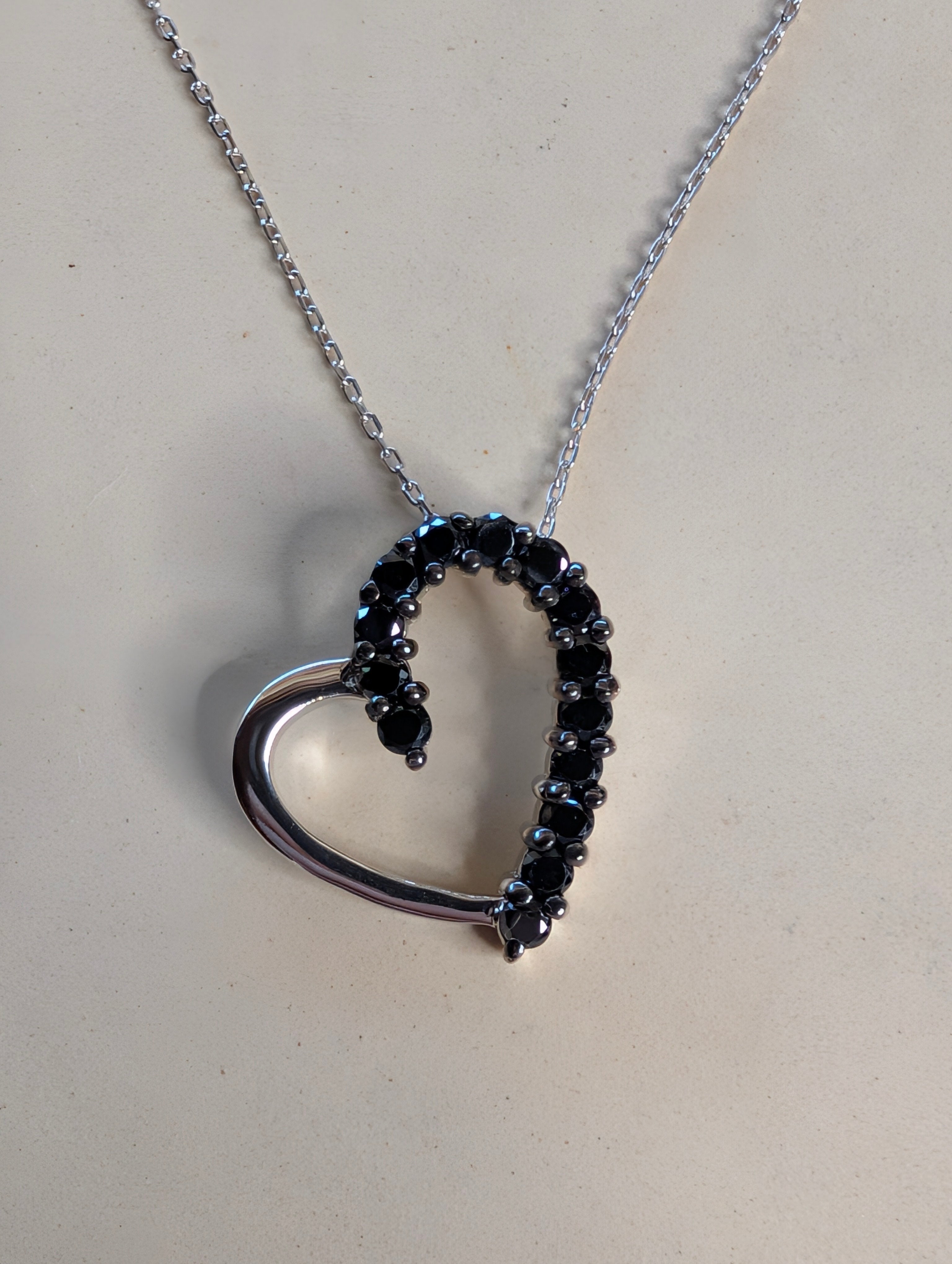 Sterling Silver Black Druzy CZ Heart Silhouette Outline Pendant Necklace