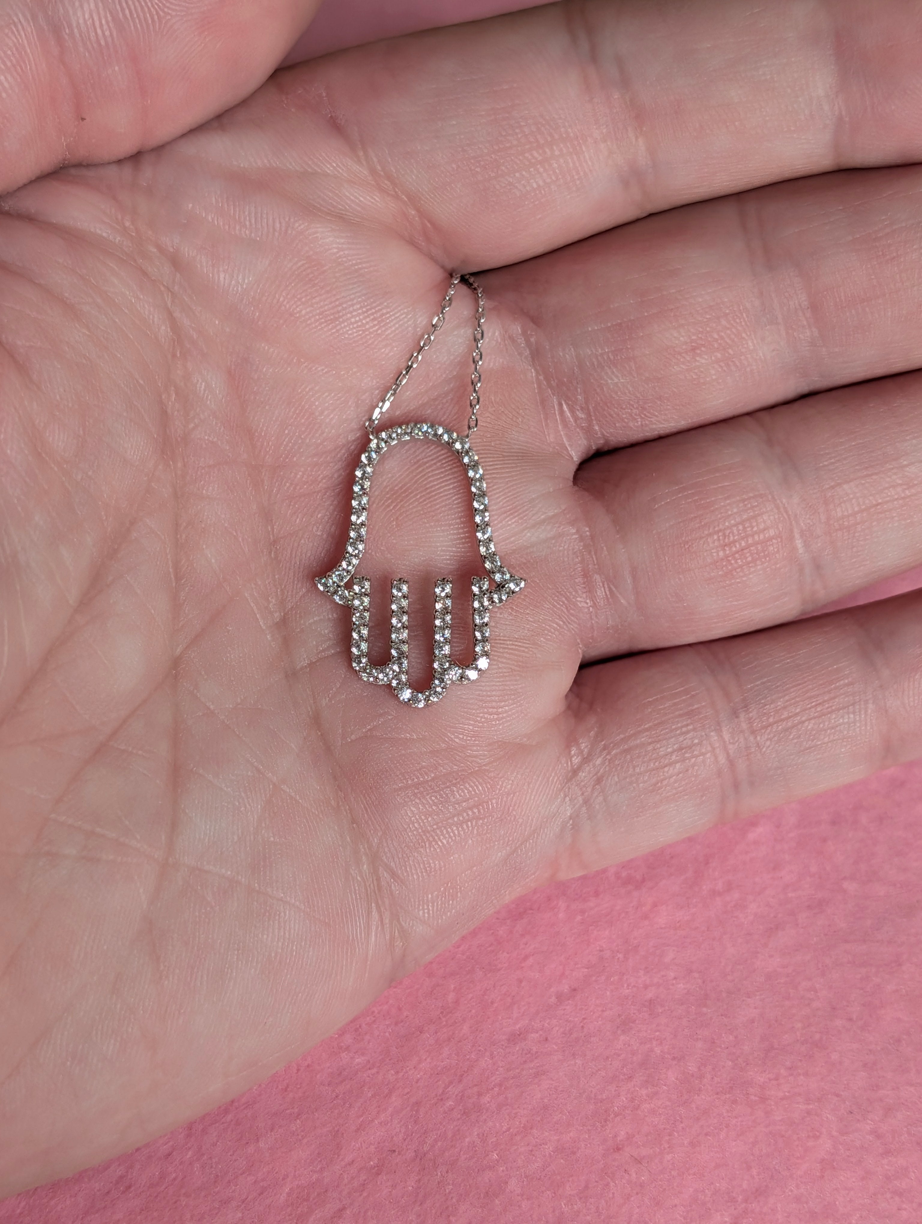 Sterling Silver CZ Pavé Outlined Hamsa Hand Of Protection Necklace