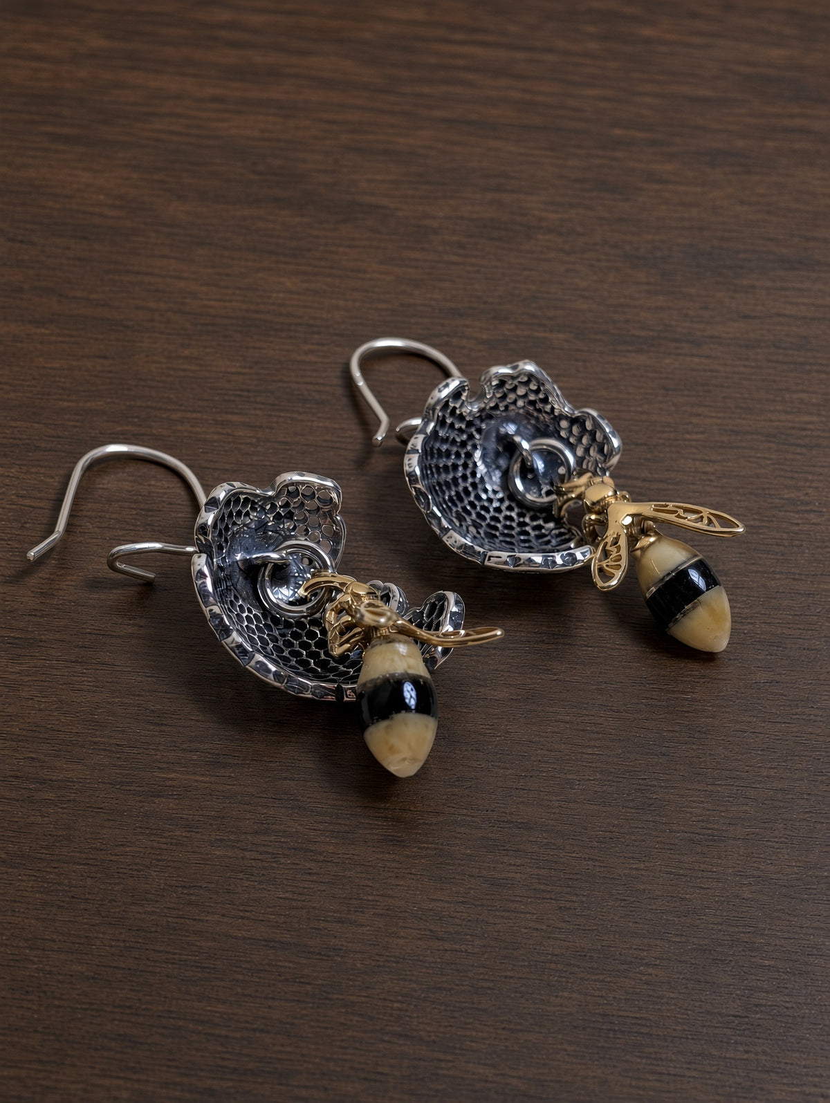 Handmade Bee Honeycomb Honey Cognac Cabochons & Sterling Silver Dangle Wire Earrings