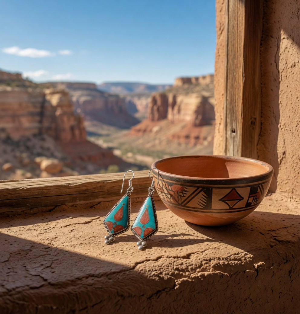 Coral & Turquoise Dangle Earrings with Triple Bead Drop