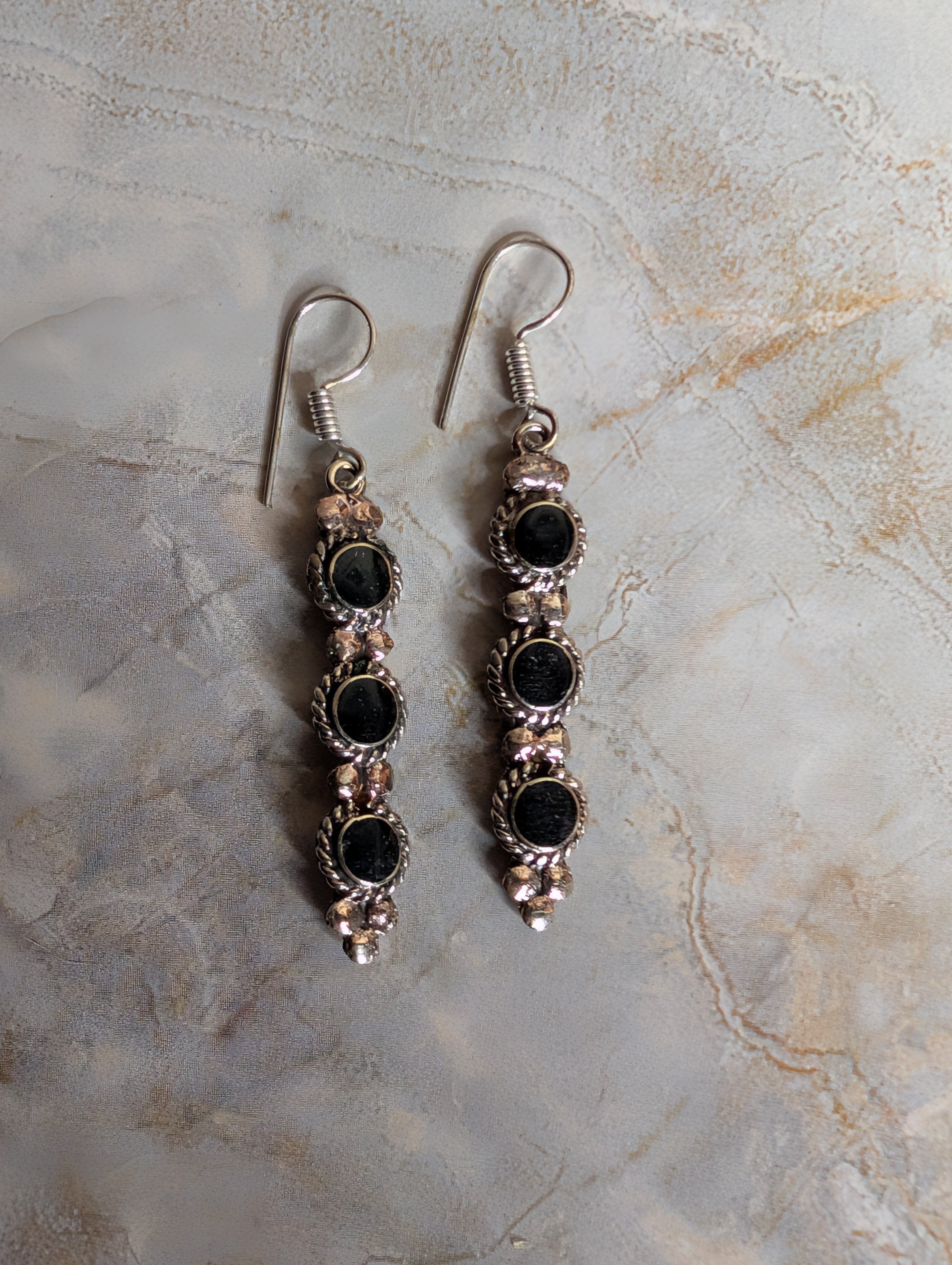 Vintage Southwestern Black Onyx & Silver Three Stone Dangle Earrings