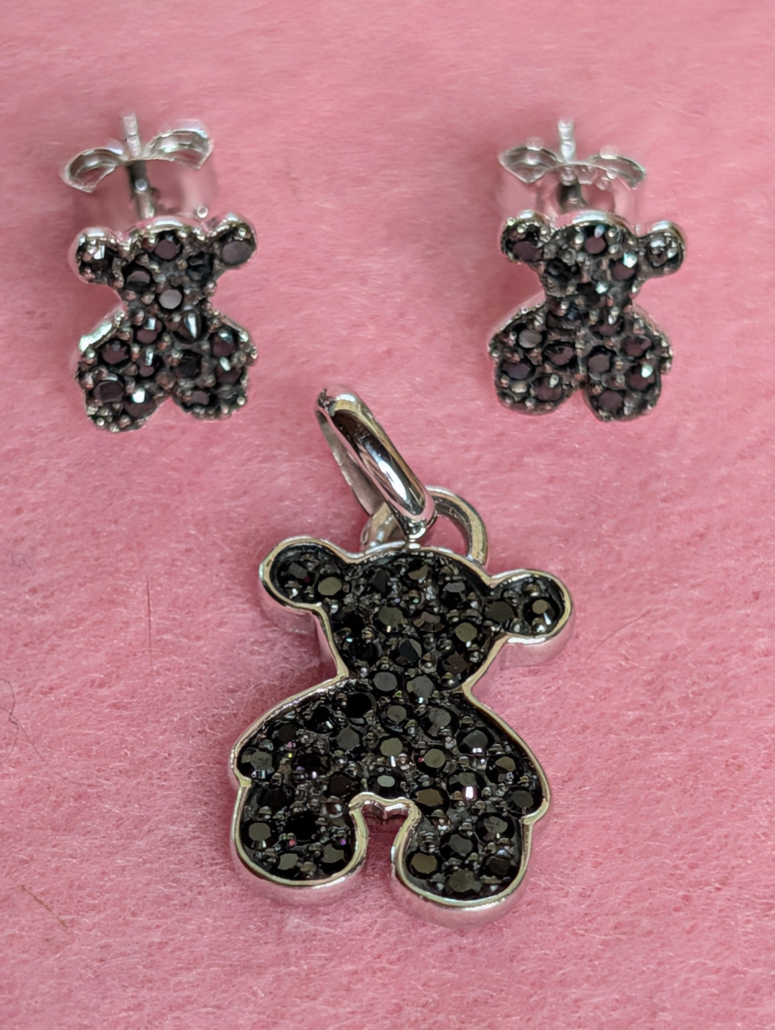 Sterling Silver Black CZ Bear Shaped Earrings & Pendant Jewelry Set
