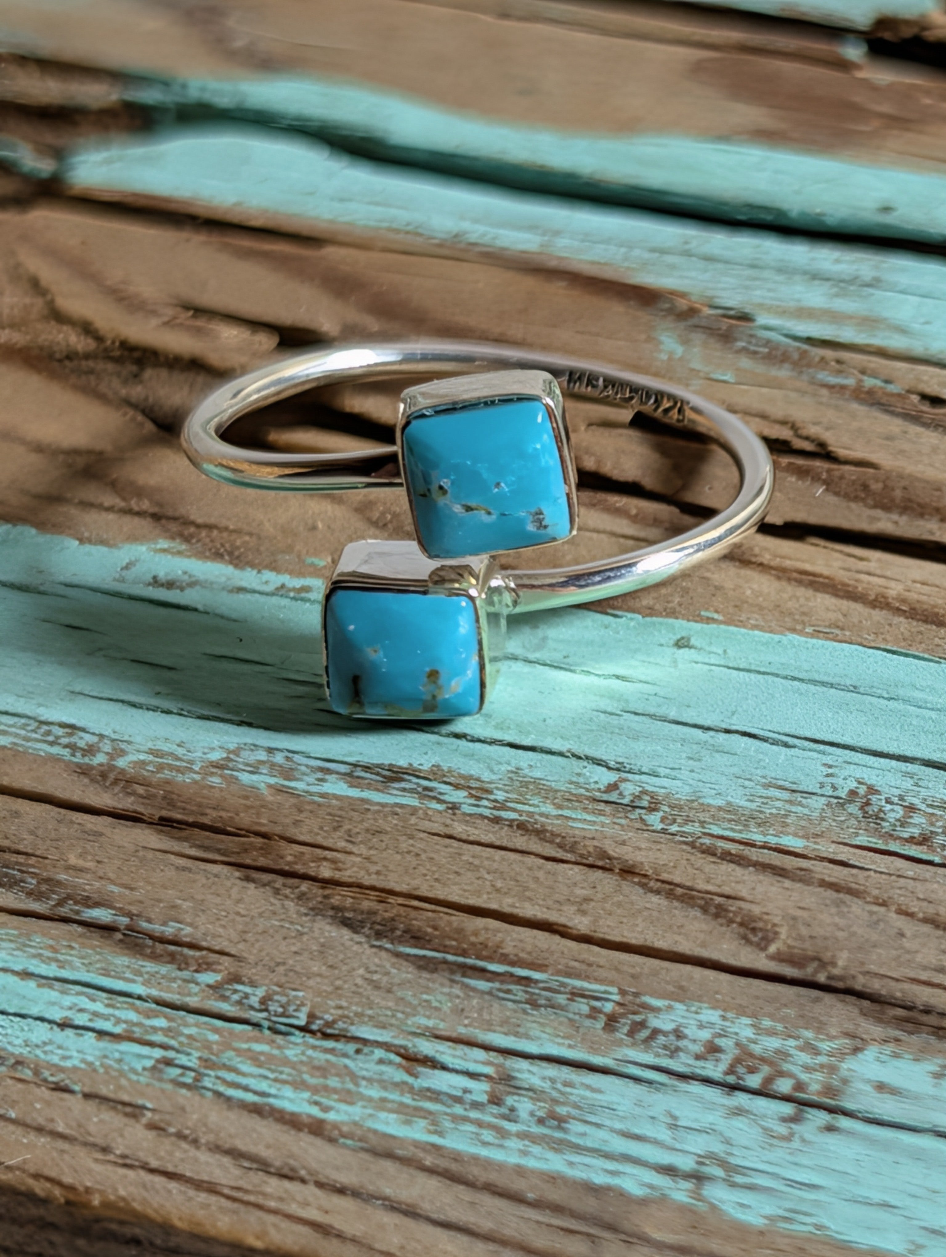 Wraparound Double Stone Turquoise Sterling Silver Adjustable Ring