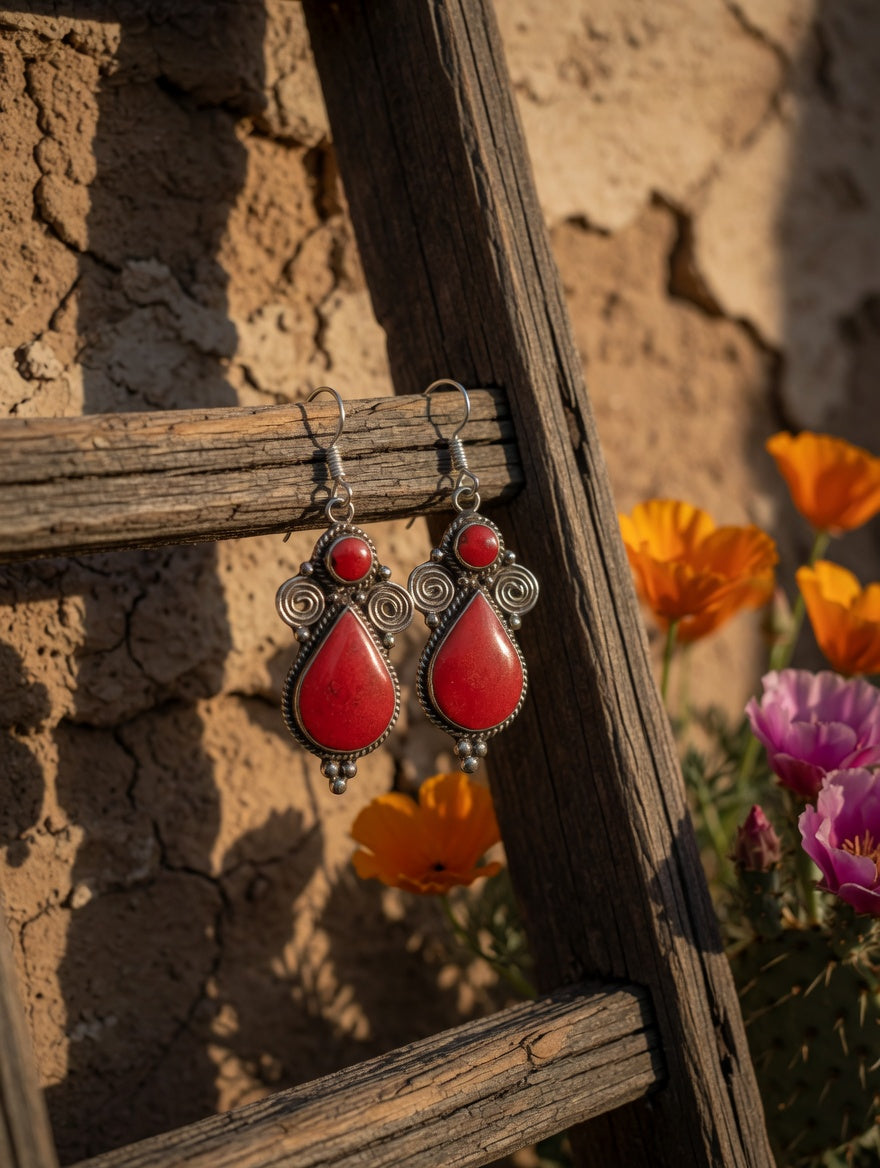 Vintage Southwestern Red Coral Filigree Teardrop Earrings in Sterling Silver