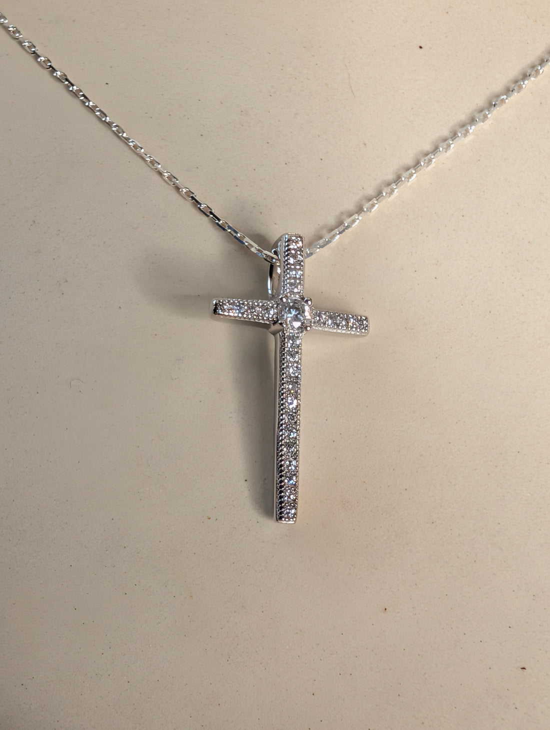 Sterling Silver CZ Simple Cross Pendant Necklace