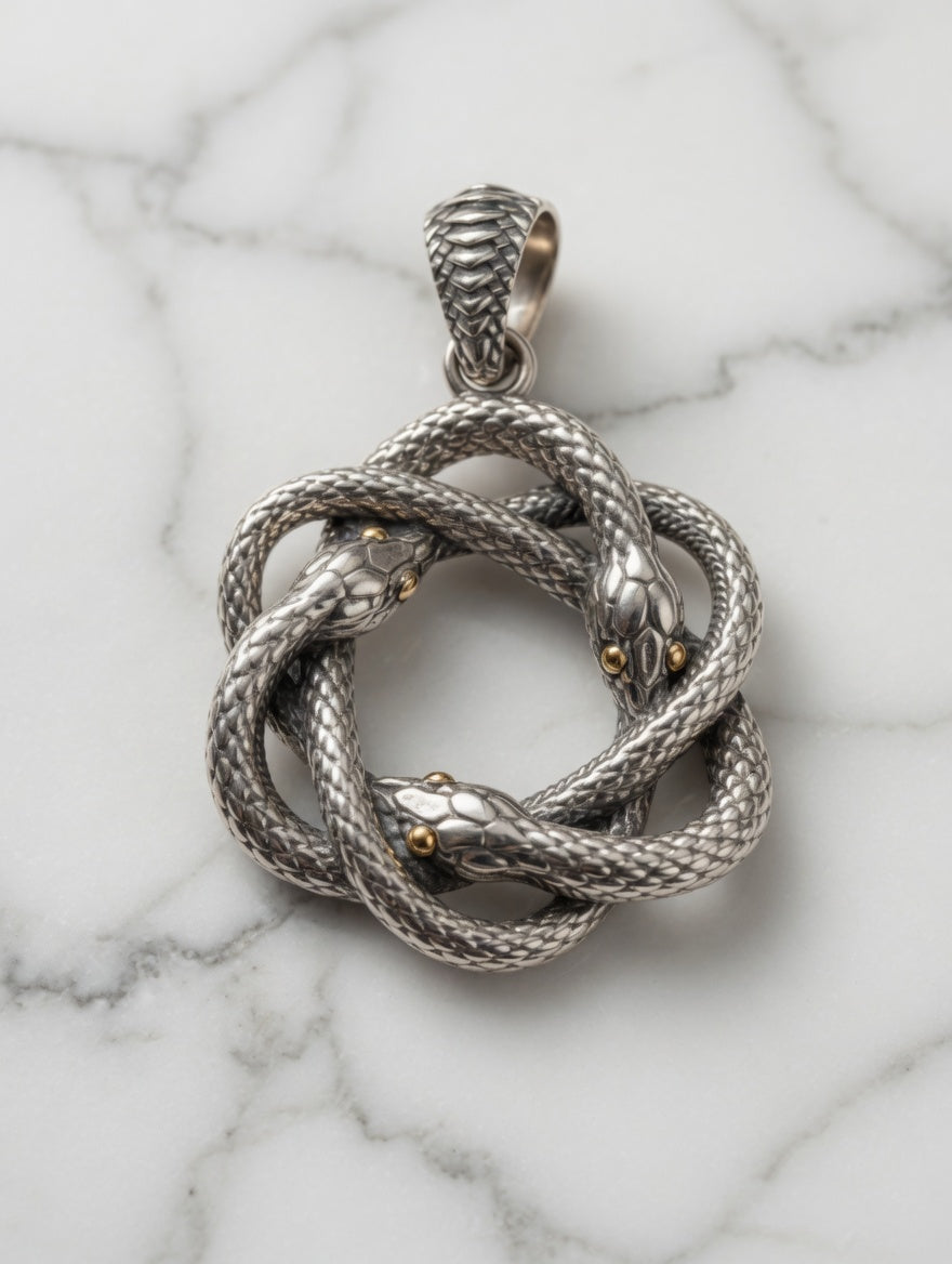 Sterling Silver Round Three Snakes Coiled Pendant With 18k Gold Accents
