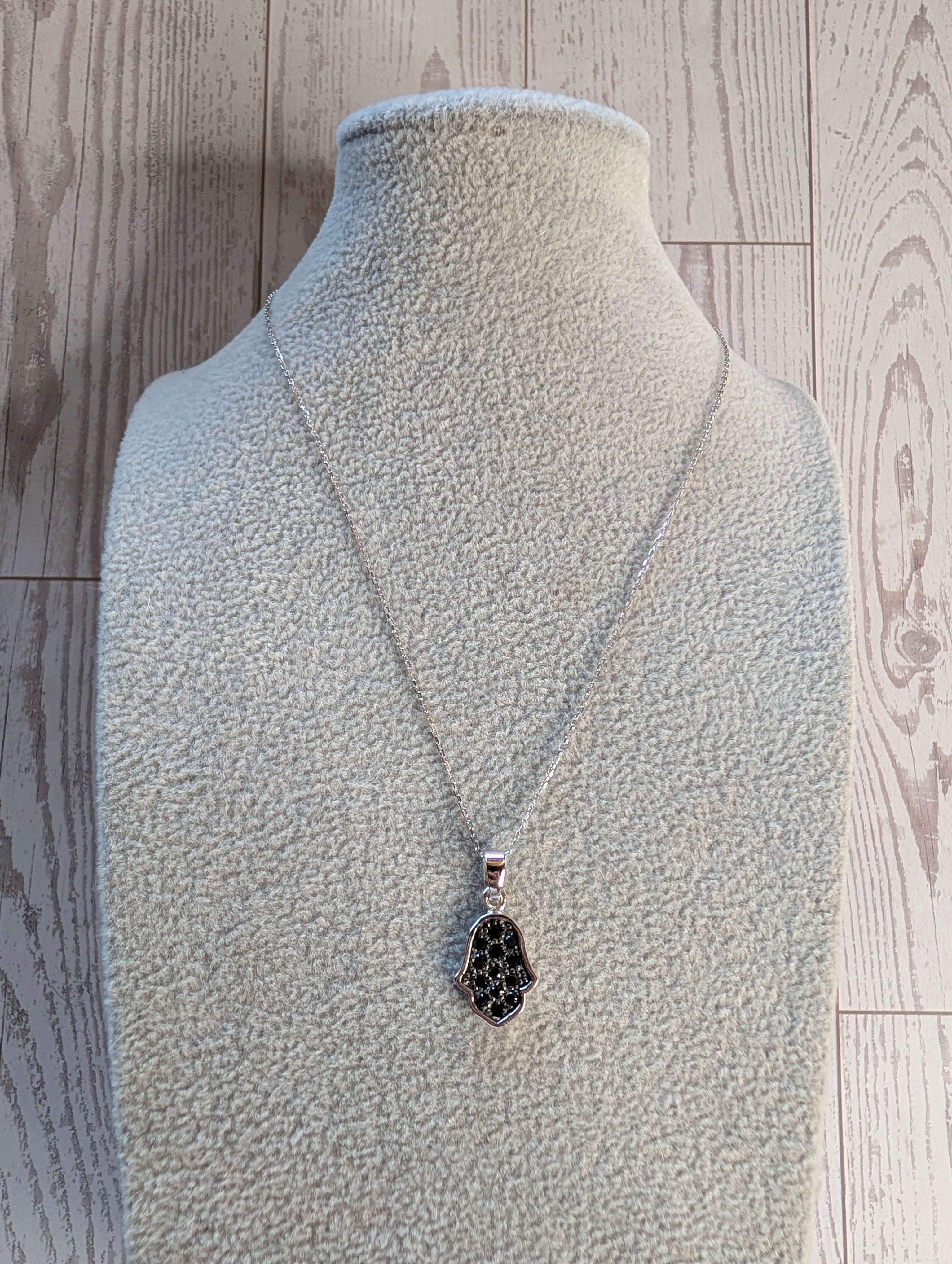 Sterling Silver Black CZ Protective Hamsa Hand Necklace