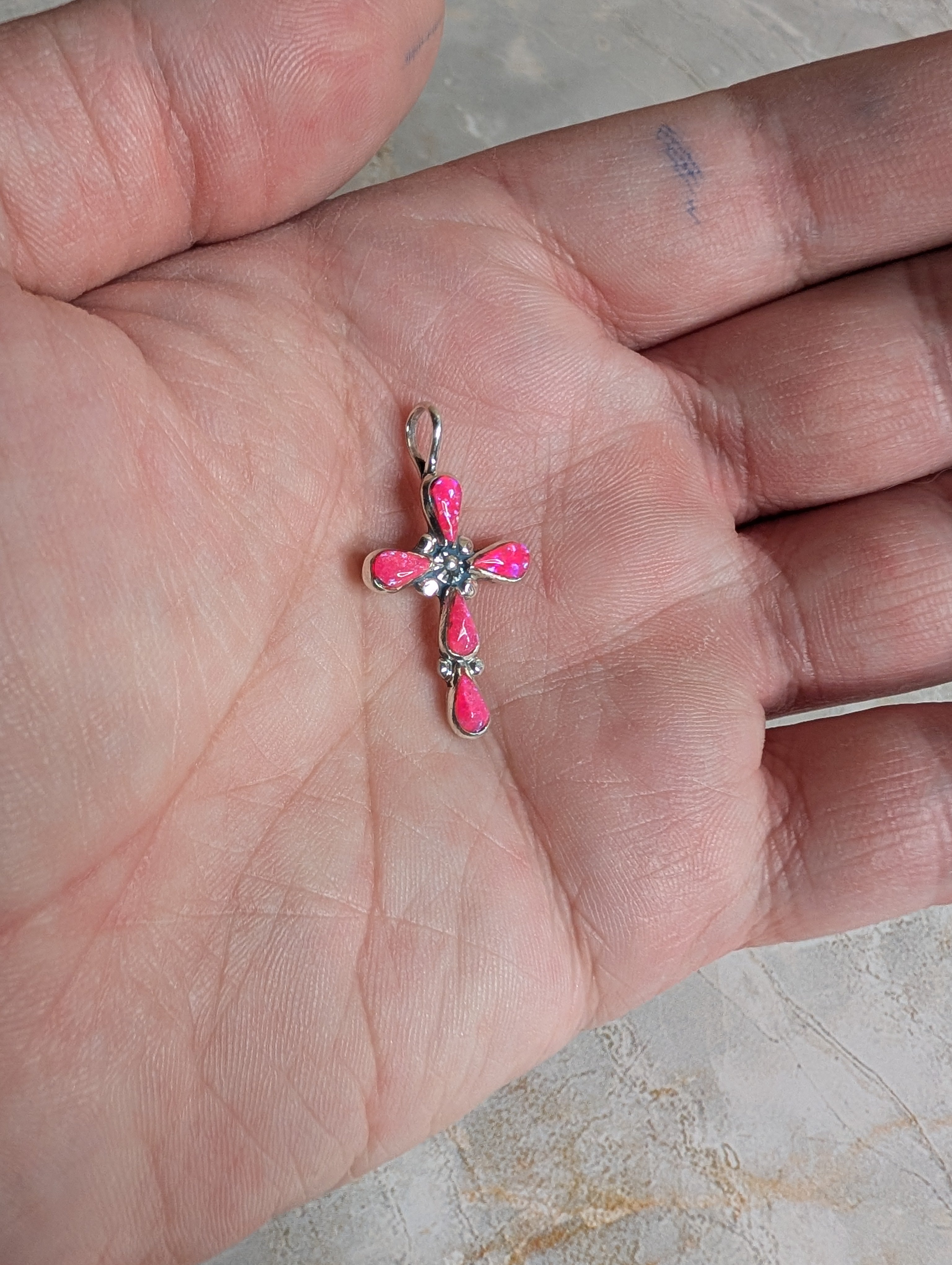 Handcrafted Hot Pink Fire Opal Sterling Silver Cross Pendant