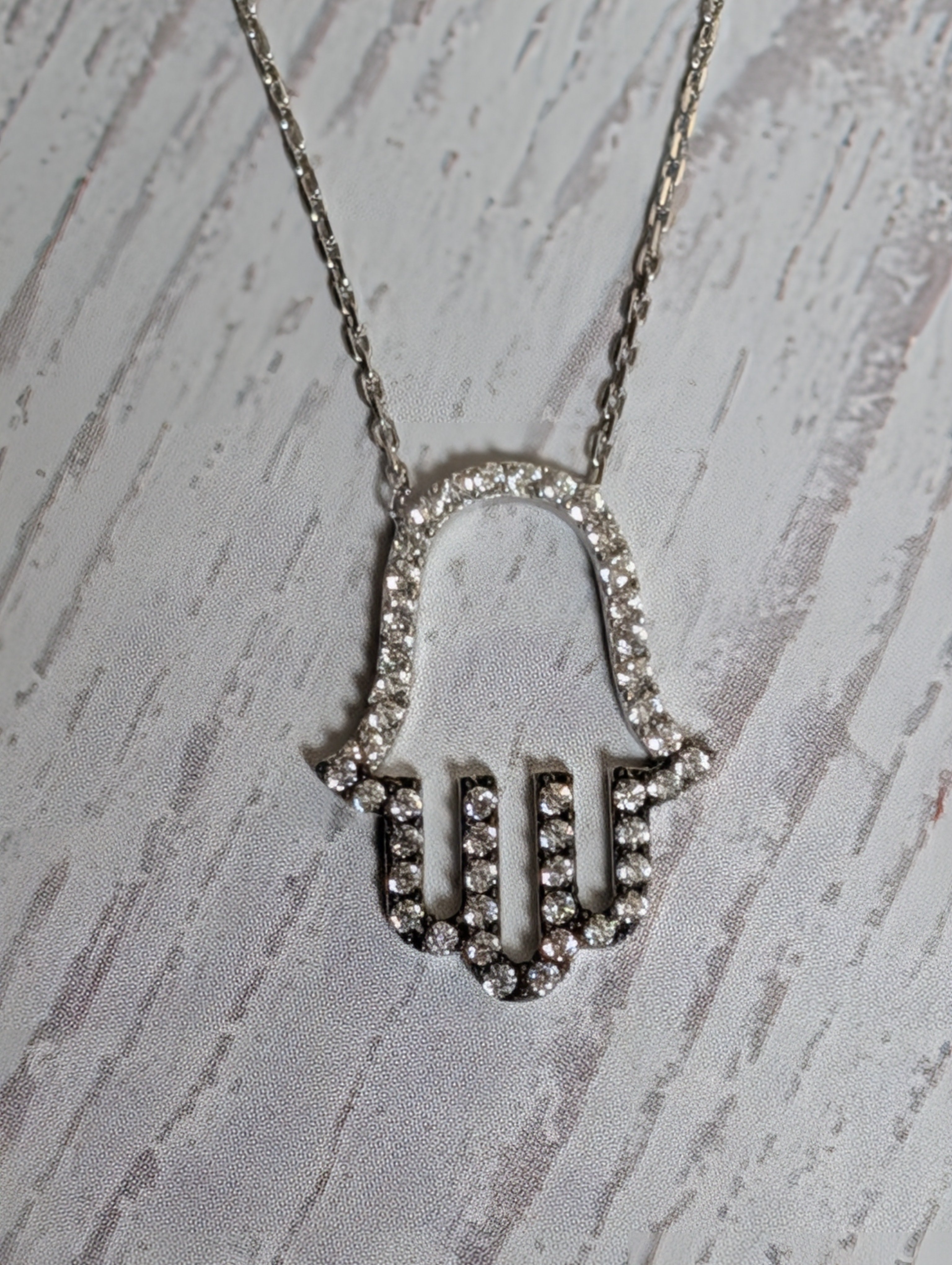 Hamsa Hand CZ Outline Small  Pendant On Sterling Silver Necklace