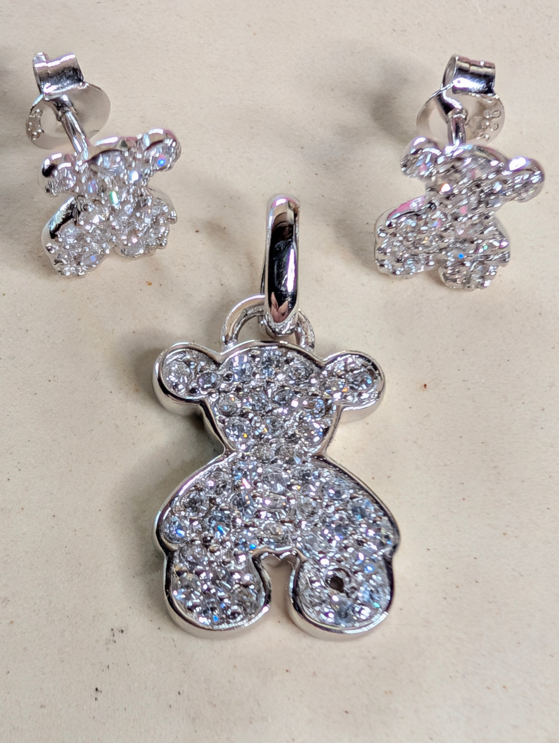Sterling Silver CZ Bear Shaped Earrings & Pendant Jewelry Set