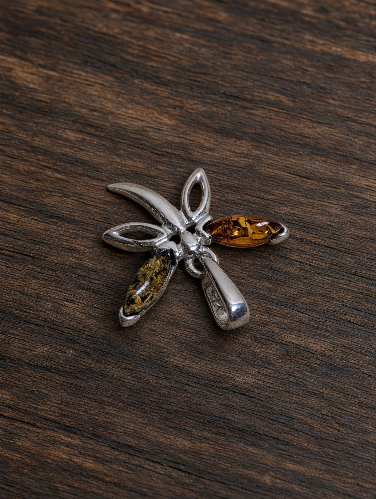 Handmade Dragonfly Orange & Yellow Honey Cognac Cabochon & Sterling Silver Pendant