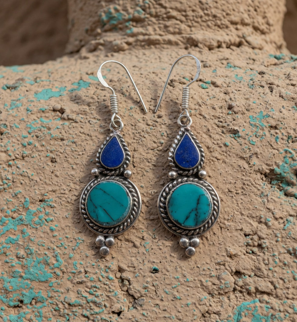 Lapis Teardrop & Turquoise Circle Dangle Earrings