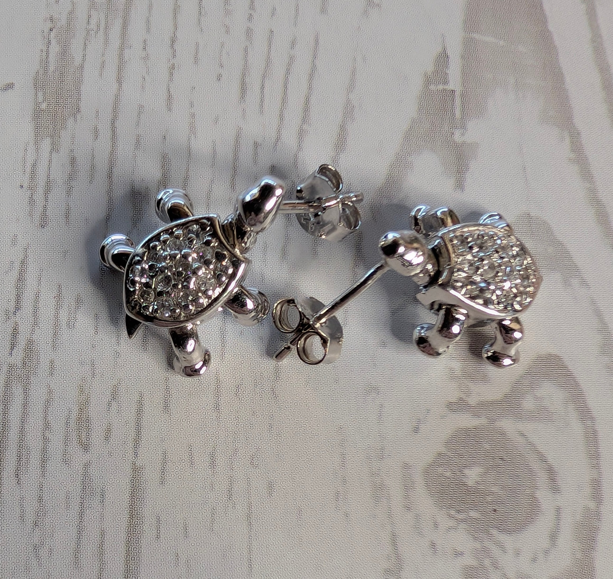 Sterling Silver CZ Tiny Turtle Dangling Earrings On Post