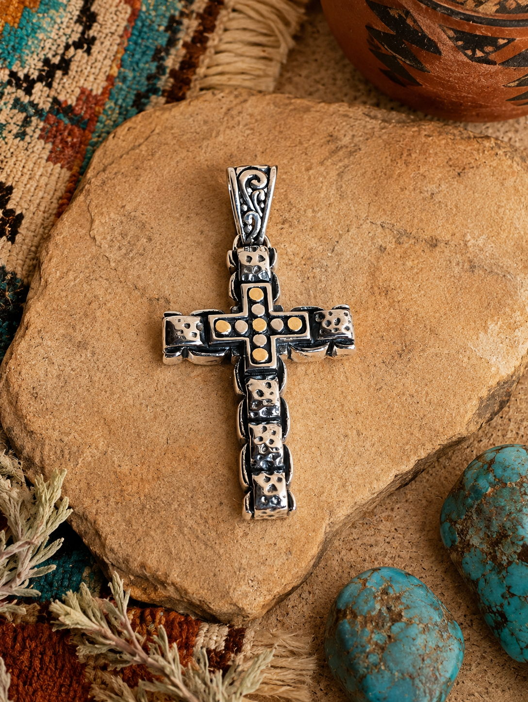 Handcrafted Sterling Silver Cross Pendant With 18k Gold Accents