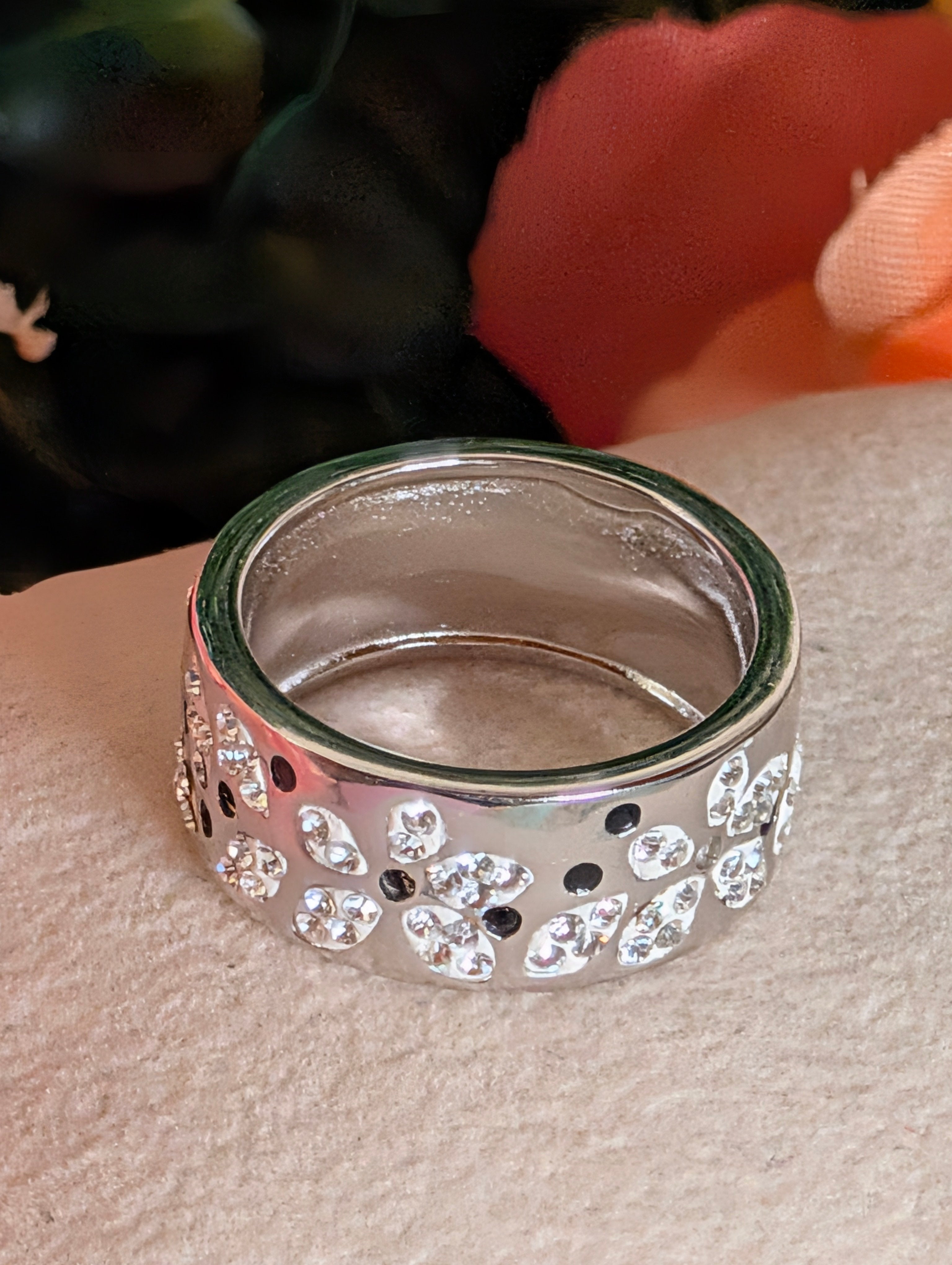 Sterling Silver Multicolor Floral CZ Cut Wide Band Ring Size 7