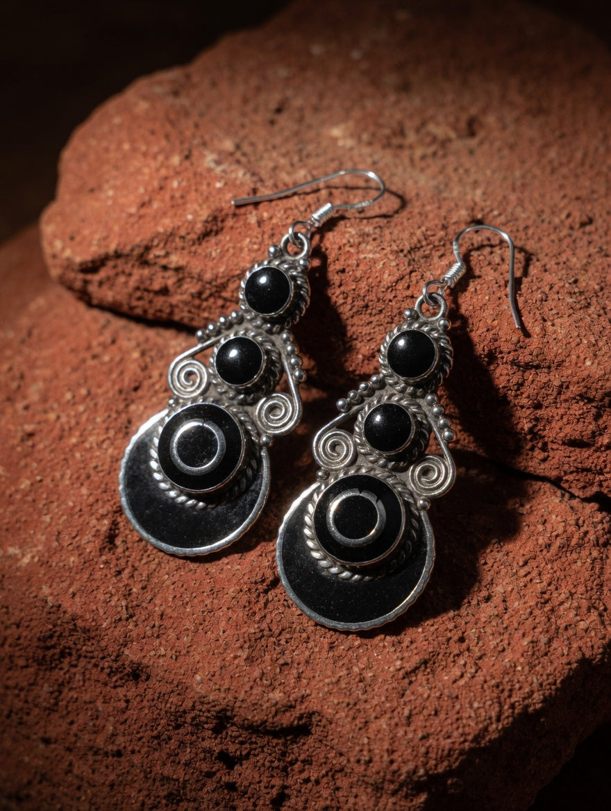 Vintage Black Onyx & Silver Southwestern Dangle Earrings