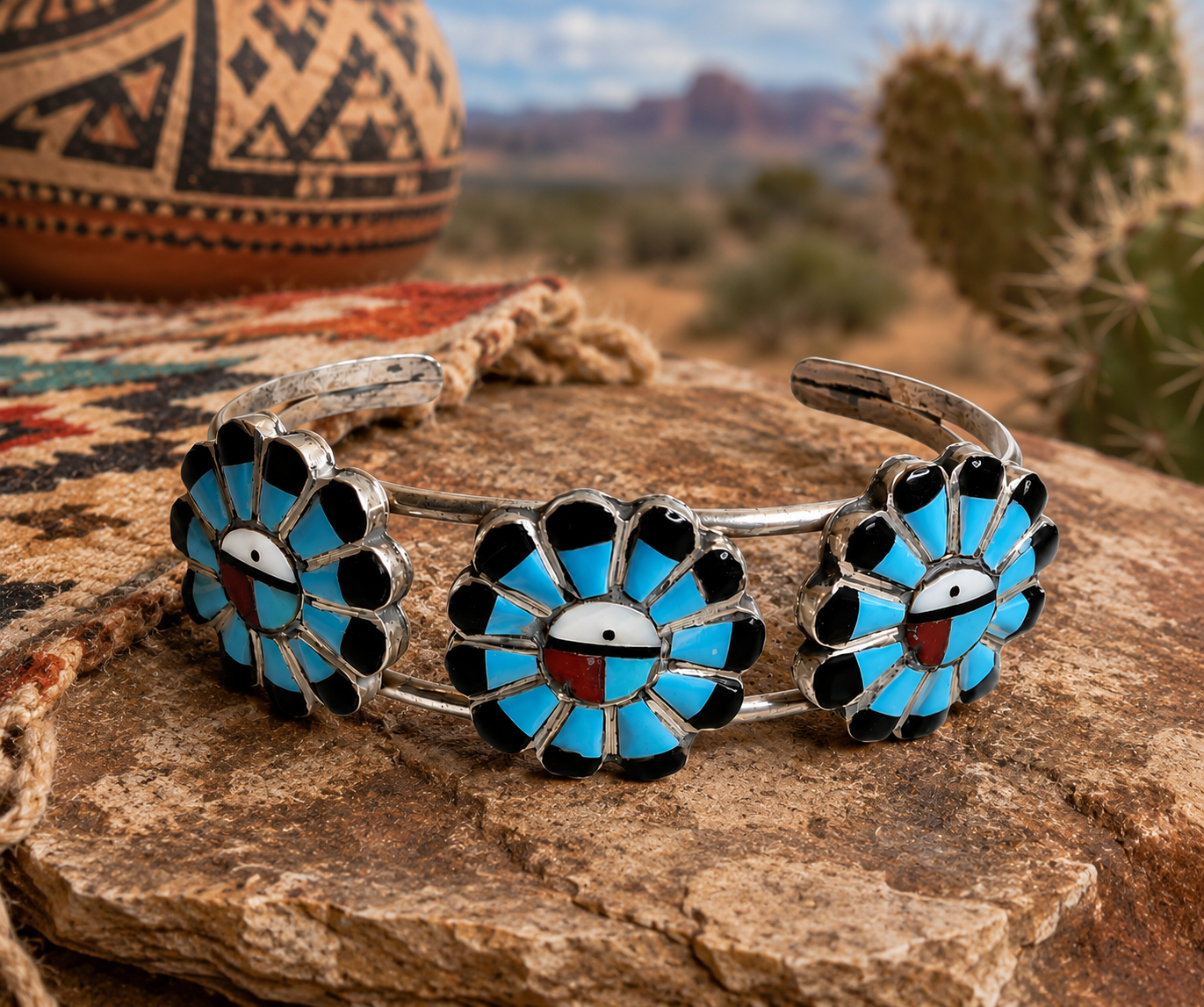 NOśWEA　花村想太　belt_bracelet Handcrafted MultiStone Sunface Sterling Silver Cuff Bracelet With Blue