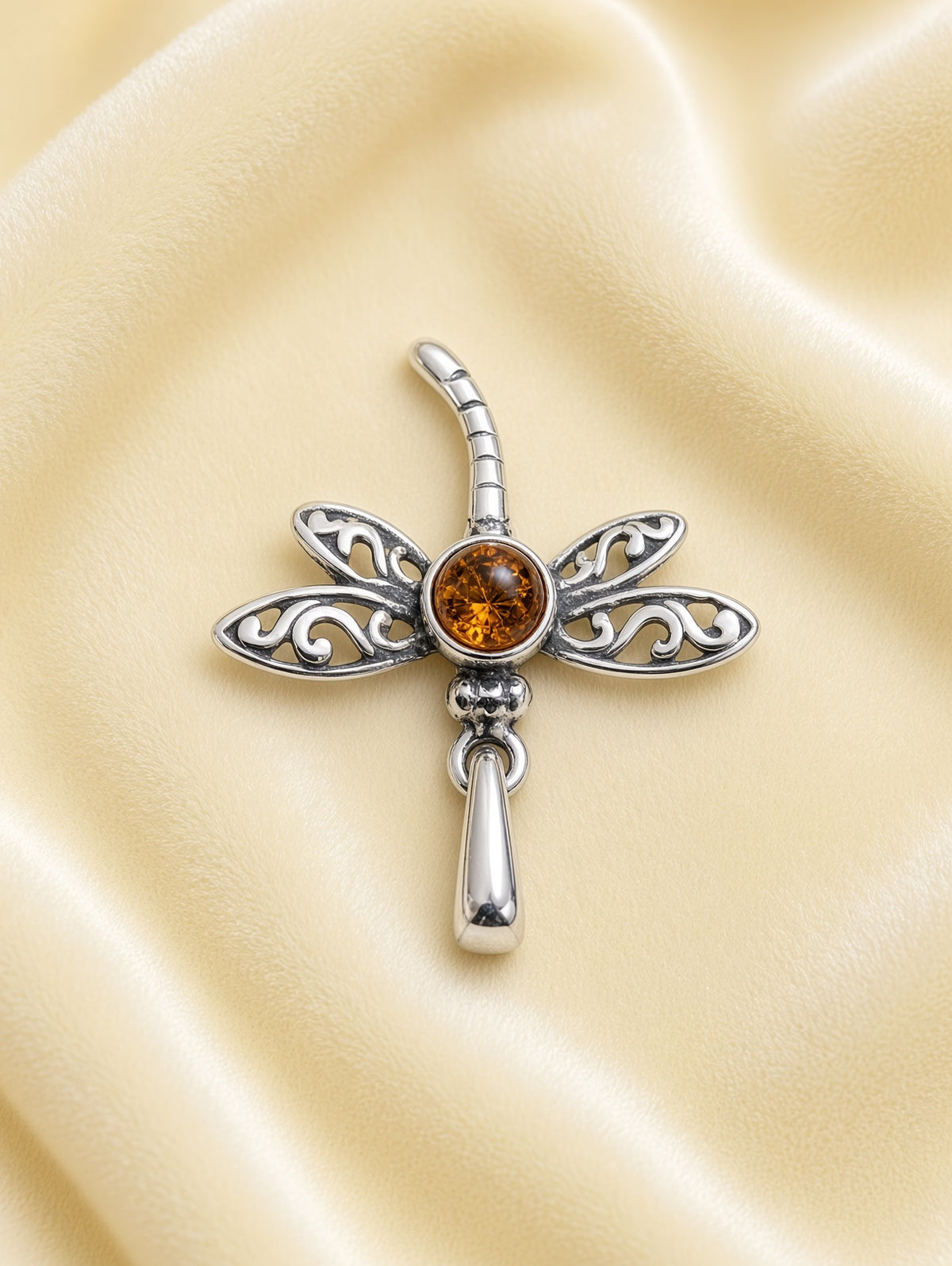 Handmade Dragonfly Orange Honey Cognac Cabochon & Sterling Silver Pendant