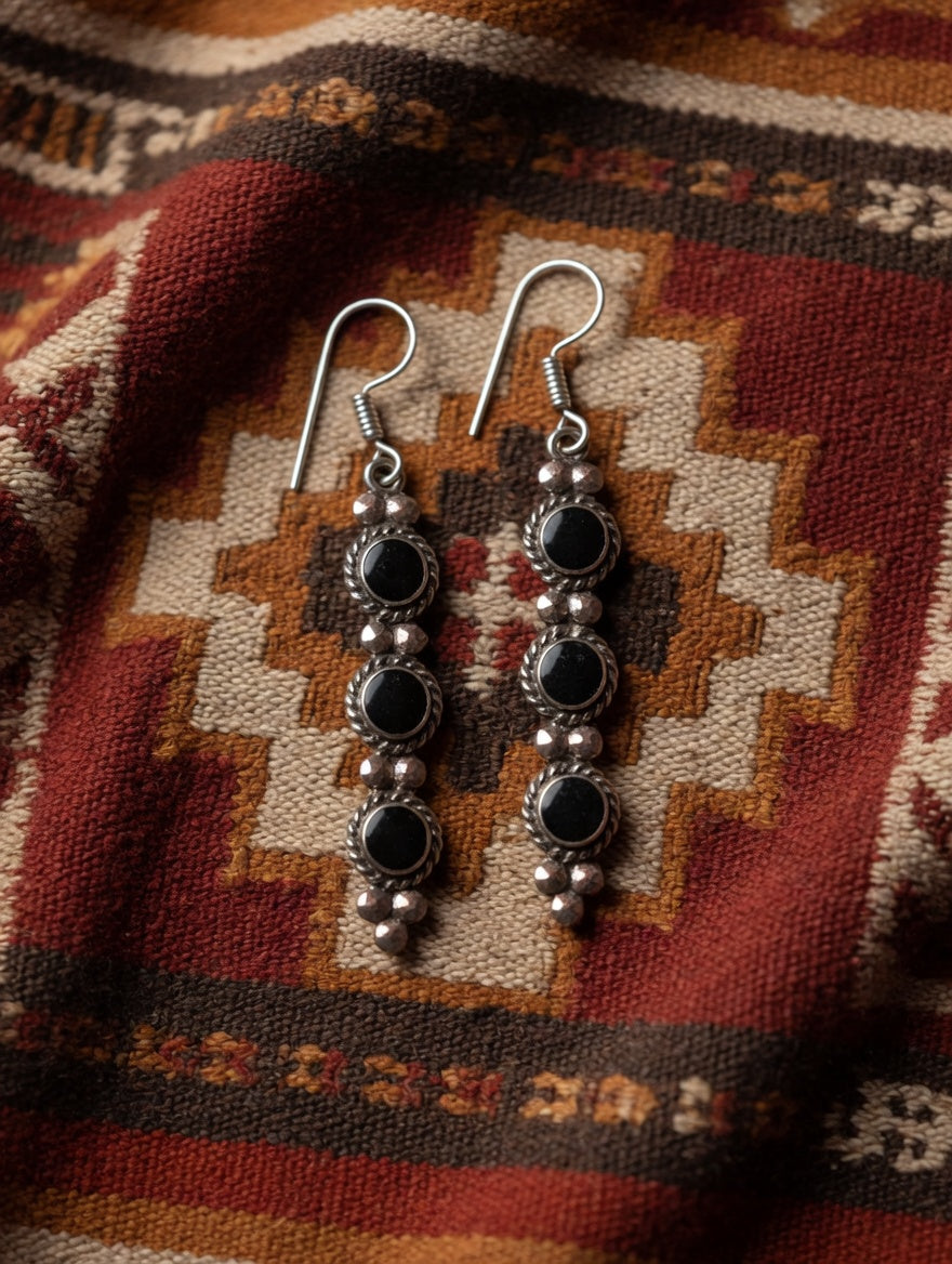Vintage Southwestern Black Onyx & Silver Three Stone Dangle Earrings
